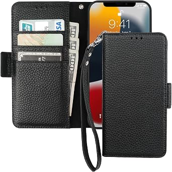Bocasal Wallet Case for iPhone 13 Pro 5G, Genuine Leather Support Wireless Charging RFID Blocking Flip Case Card Slots Holder, Kickstand Book Folding Folio Cover with Wrist Strap 6.1 InchBlack