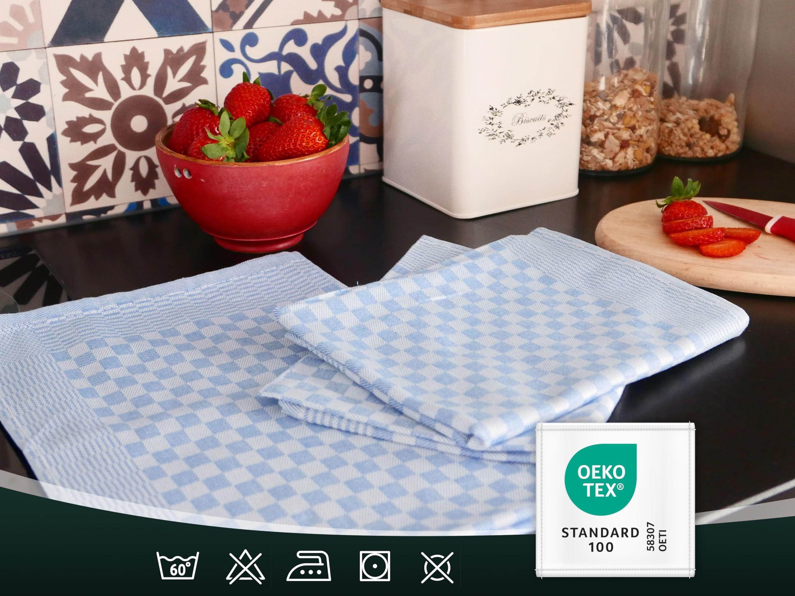 10 Strofinacci In Cotone 46x70cm - Super Assorbenti, Qualità Gastronomica, Lavabili A 60°C, Quadretti Neri - Foto 4