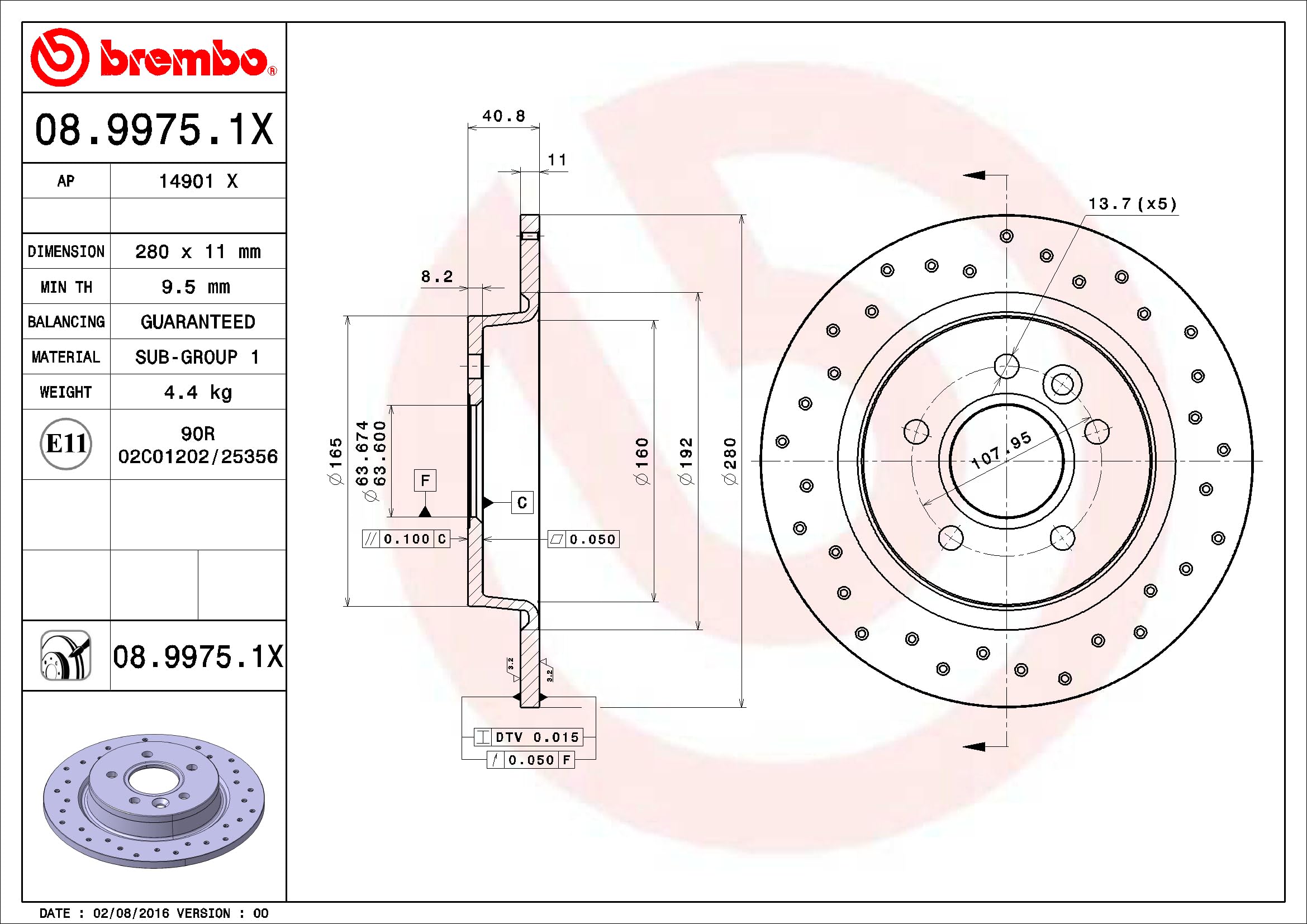 Brembo Xtra 08.9975.1X - Disco de freno perforado trasero (2 unidades)