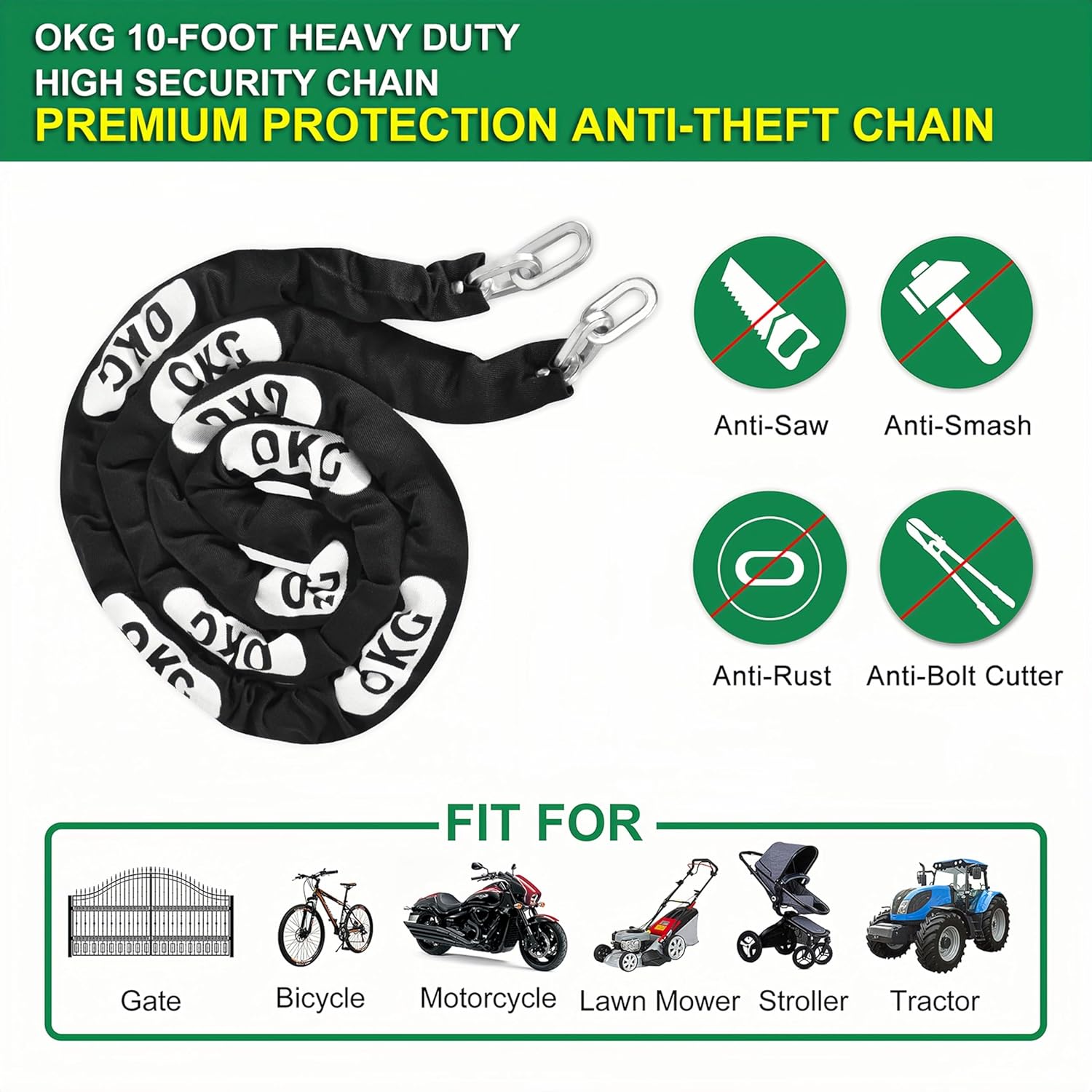OKG Heavy Duty Security Chain - 10 Foot x 5/16” Thick Square Security Chain - Anti Theft Hardened Steel Chain for Bikes, Motorcycles, 2 Wheeled Vehicles, Industrial Property