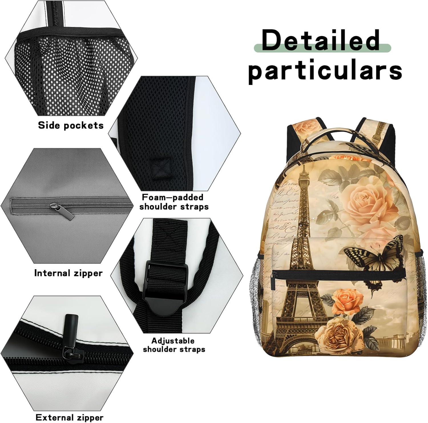 Vintage Paris Casual Backpack, Lightweight Laptop Bag Daypack, Eiffel Tower and Butterfly Backpacks for Women Men Teens Students, Retro Polyester Bookbag Gifts for School Work Travel Hiking