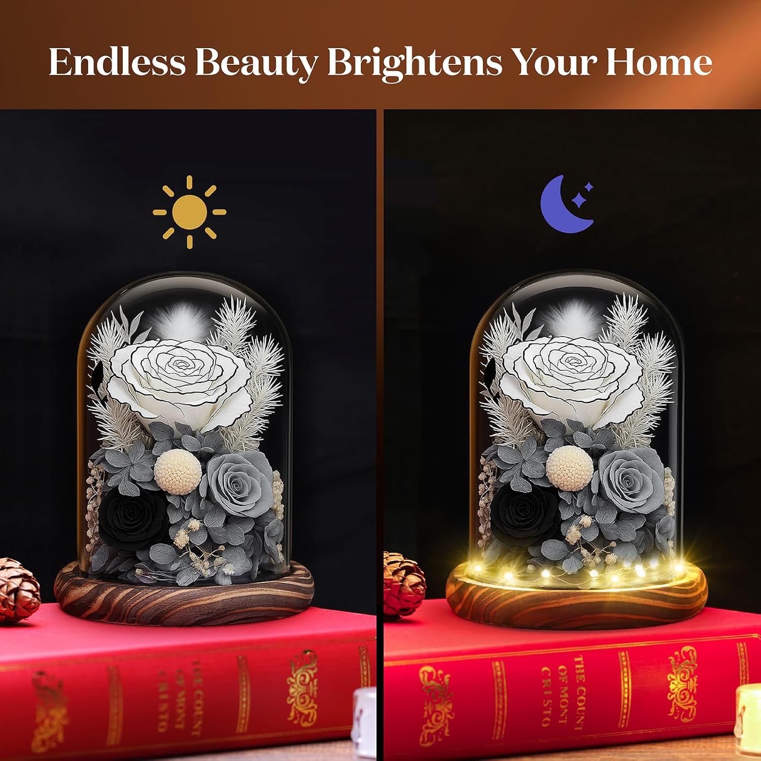 Mother's Day Flower Gifts for Mom - Preserved Rose in Glass Dome with LED Light, Forever Fresh Flowers Bouquet for Delivery as Birthday Gifts for Women, Mom, Wife, Grandma, Daughter, Friends - White