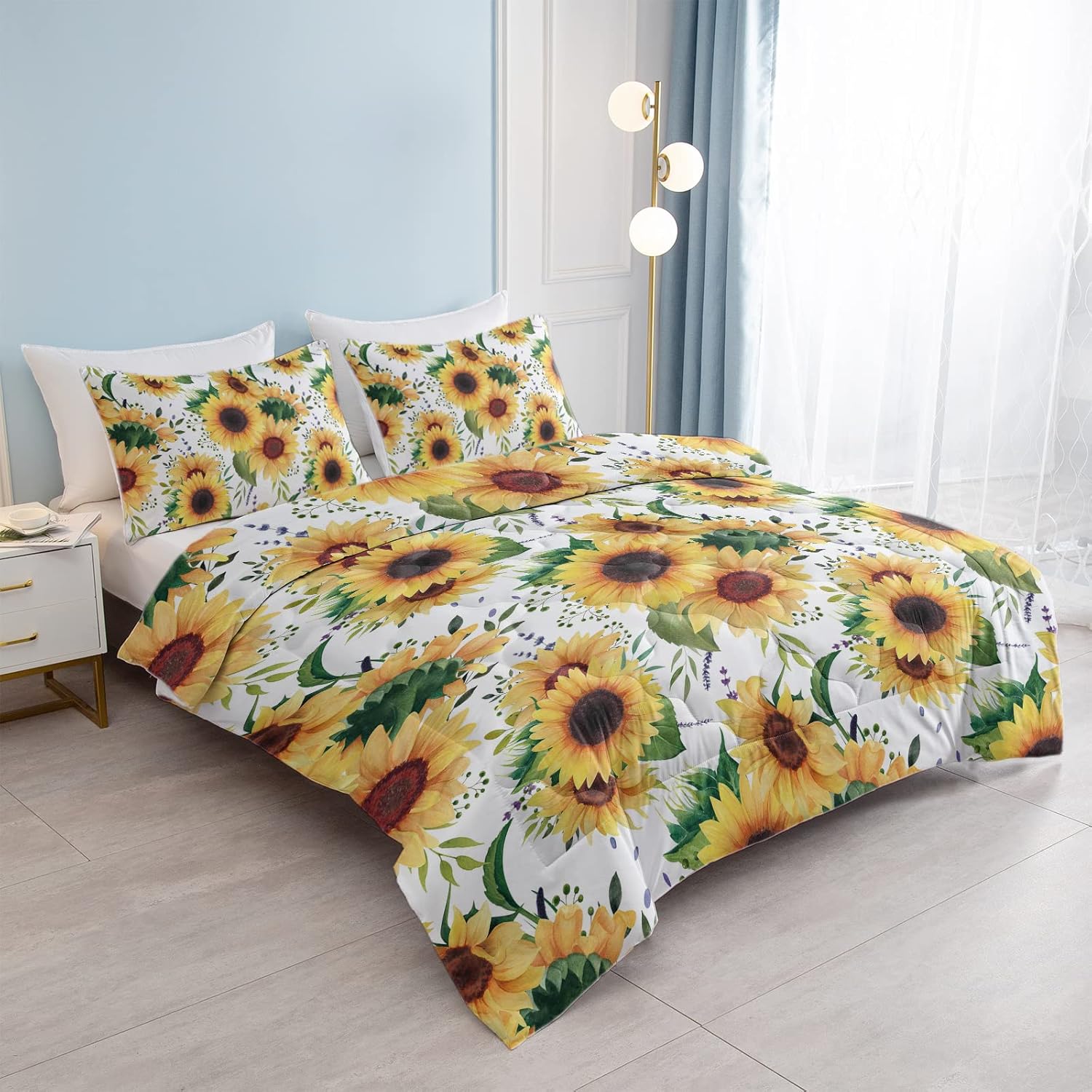 SOULZZZ Green Leaf Sunflower Floral Comforter King Luxury Soft Comforter Set with Green Leaves Nature Botanical Bedding 1 Comforter 2 Pillow Shams