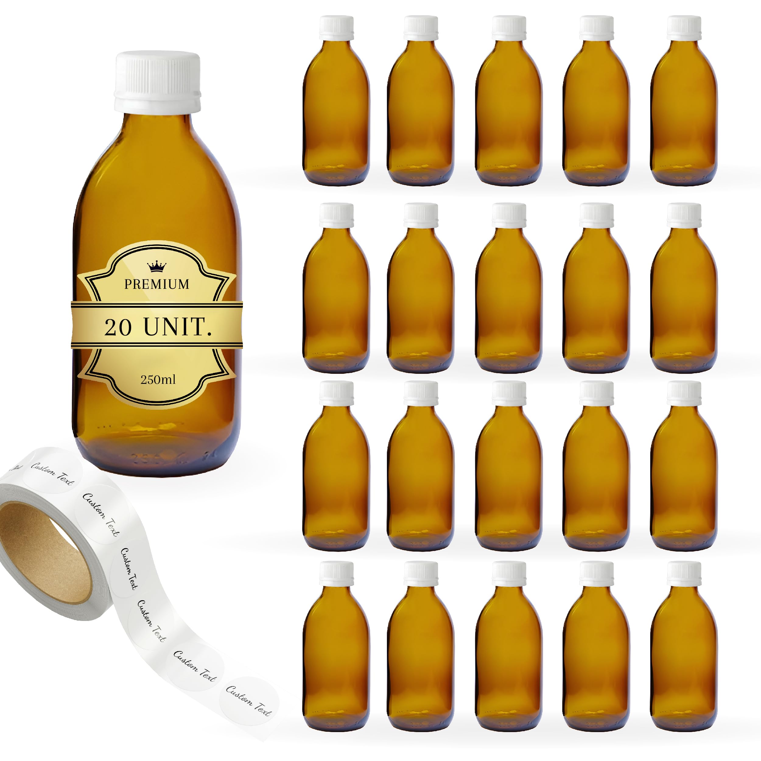 20 botellas vacías de cristal ámbar de 250 ml con tapa de plástico + 20 etiquetas adhesivas personalizadas – Botella para aceites esenciales, cosméticos, laboratorio, medicamentos