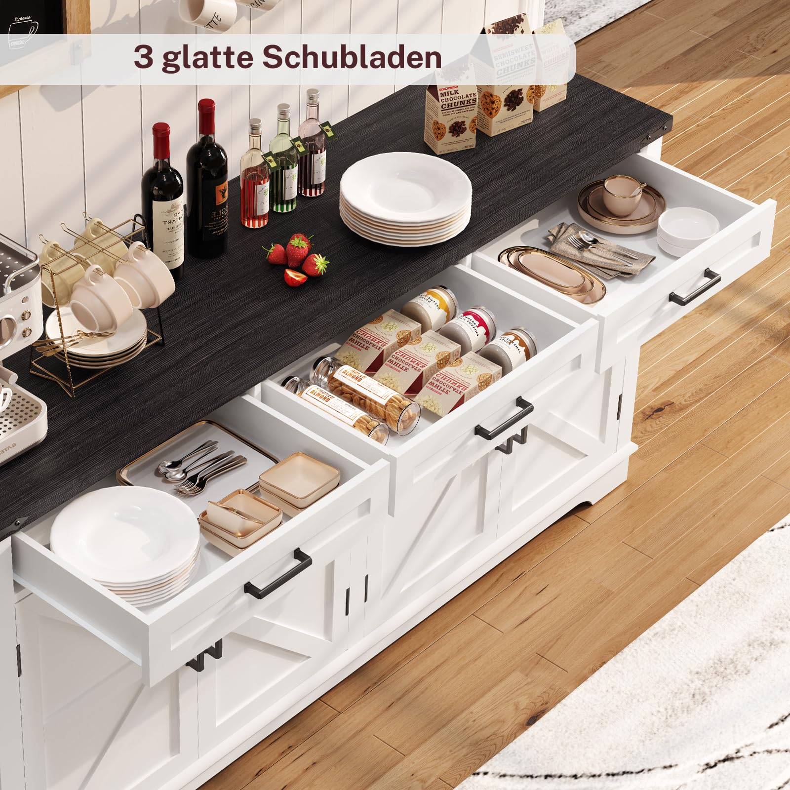 TEENFON 155 cm (B) Sideboard, 80 cm (H) Küchenschrank mit Arbeitsplatte, Buffetschrank mit 3 Schubladen & Verstellbaren Regalen, Küchenzeile für Küche, Wohnzimmer & Flur - 155 x 40 x 80 cm - Weiß