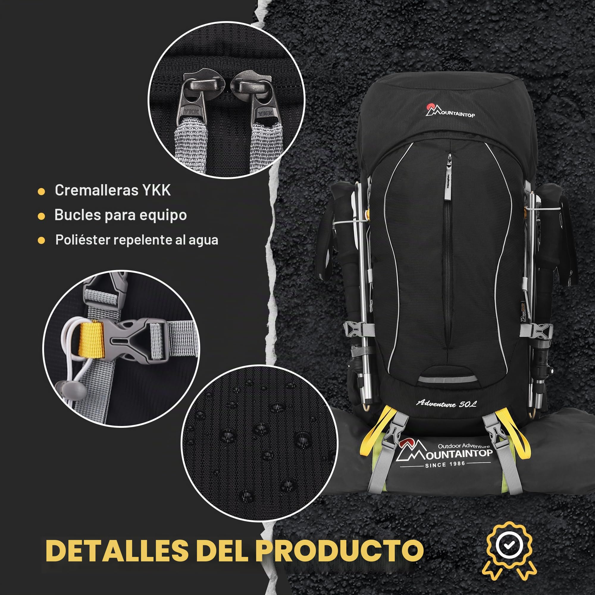MOUNTAINTOP Mochila Trekking 50L Hombre Mujer Funda Lluvia | Ideal para senderismo montaña acampada y viajes de varios días, cremalleras YKK, soporte lumbar cinturón acolchado