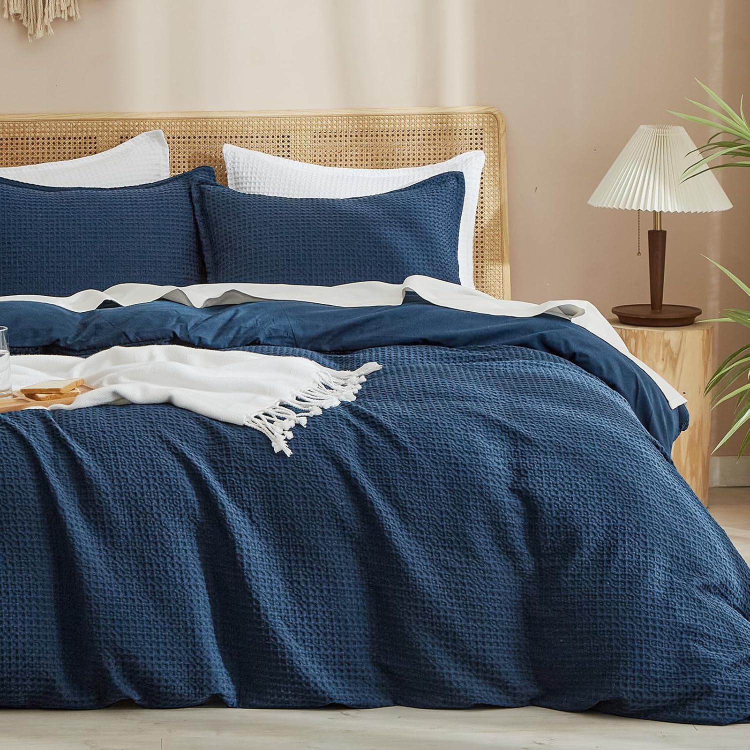 phf waffle weave duvet cover set queen size, no snagging ultra soft luxury textured breathable comforter cover for all season 3pcs, durable bedding duvet set with 2 pillow shams, 90"x90", navy blue queen navy blue (no comforter)
