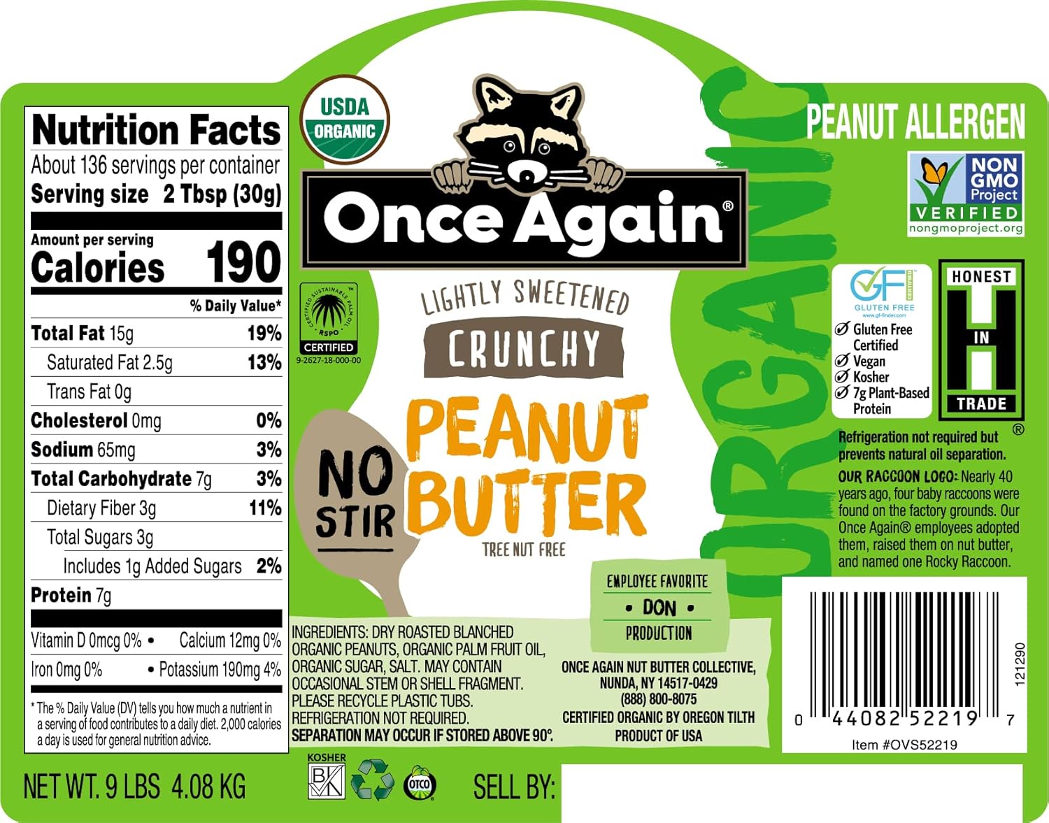 Once Again Organic Crunchy Peanut Butter, 9lb Bucket - No Stir - Lightly Sweetened & Salted - USDA Organic, Gluten Free Certified, Vegan, Kosher