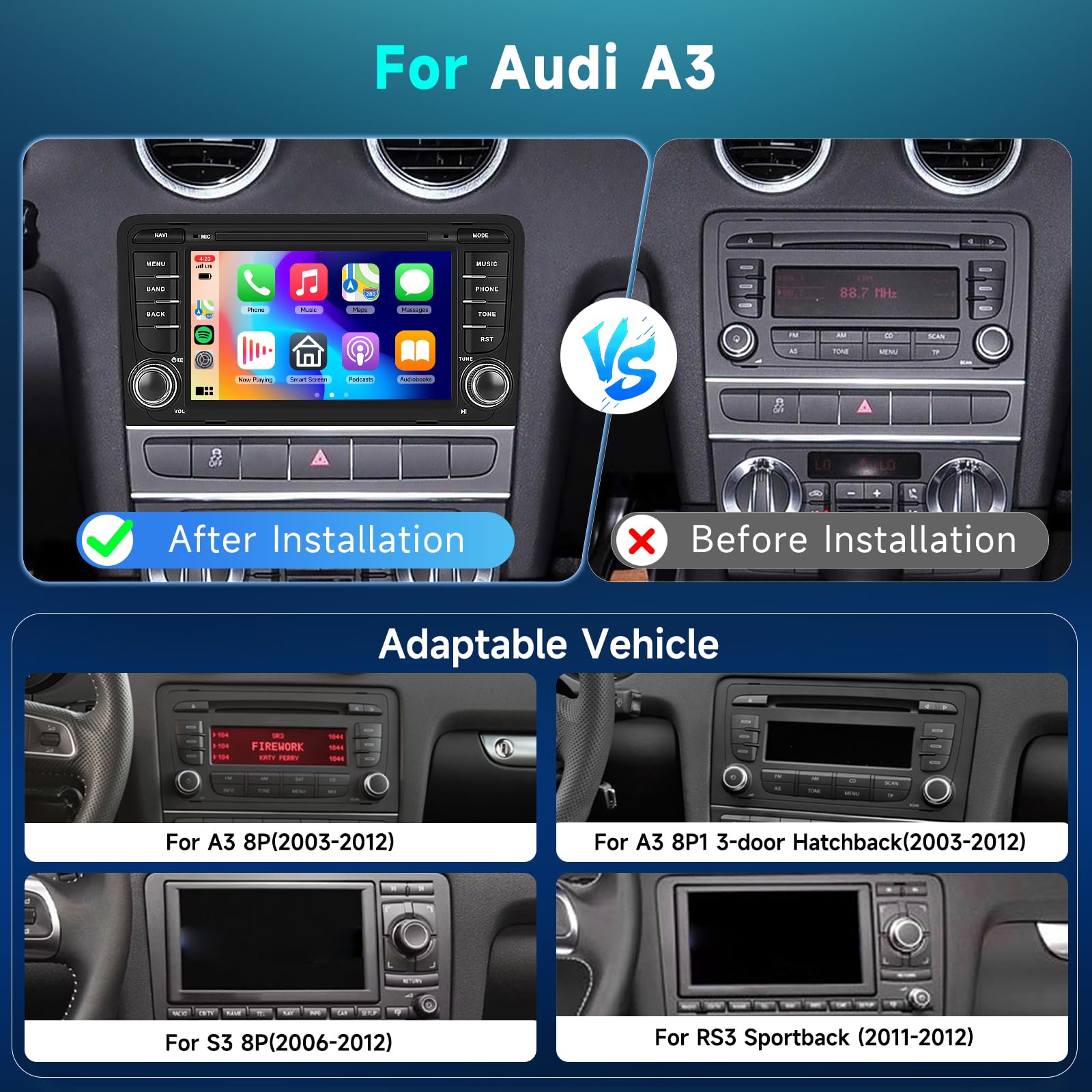 Hodozzy 4G+64G Radio para Audi A3 8P RS3 S3 2003-2012 con Carplay Android Auto Inalámbrico, Android 2 DIN Pantalla Táctil 7 Pulgadas para Audi A3 con GPS Bluetooth WiFi DSP Radio FM/RDS Canbus Cámara