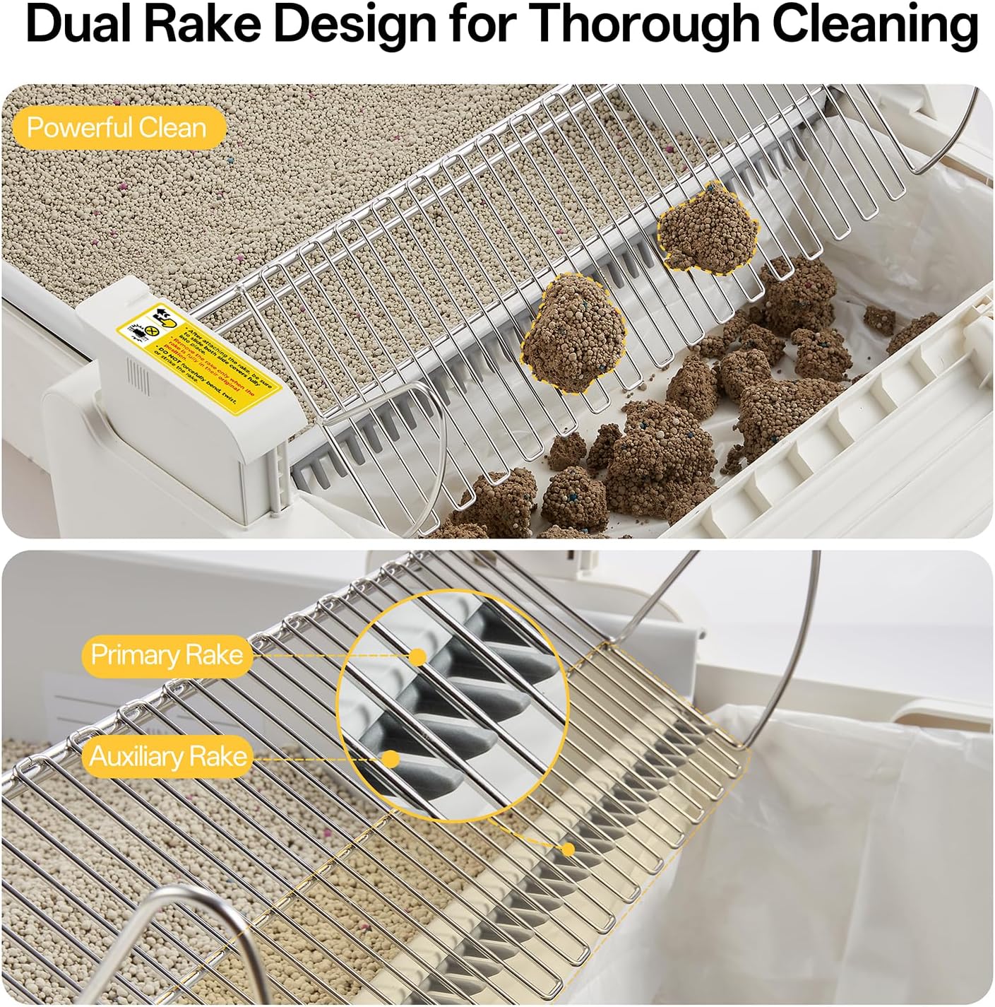 Close-up of the dual-rake system scooping clumps from the litter