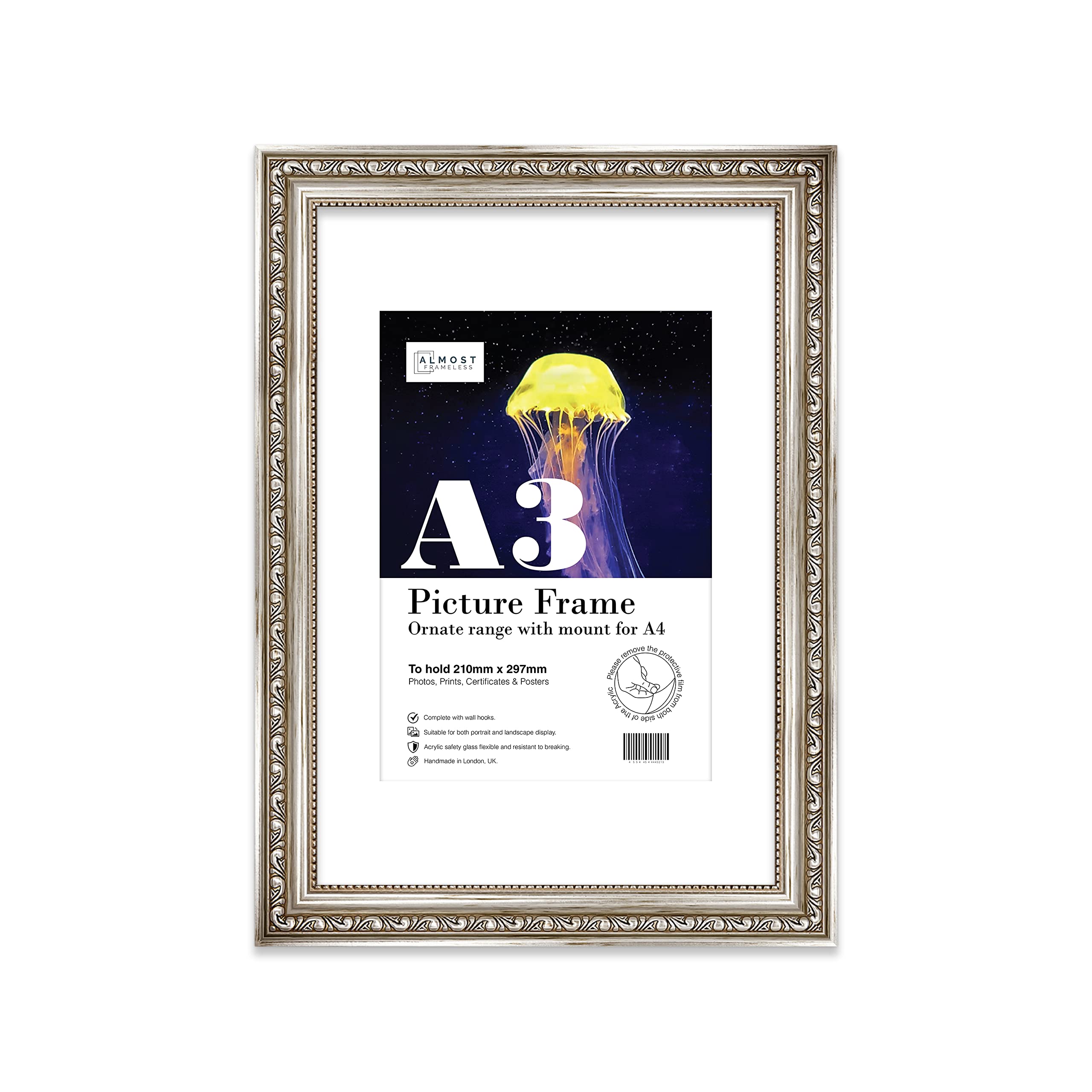 A3 Silver Ornate Picture Frame (42 X 29.7Cm) With Mount For A4 PosterPhotoArtworkGallery Wall Or Print from B&Q