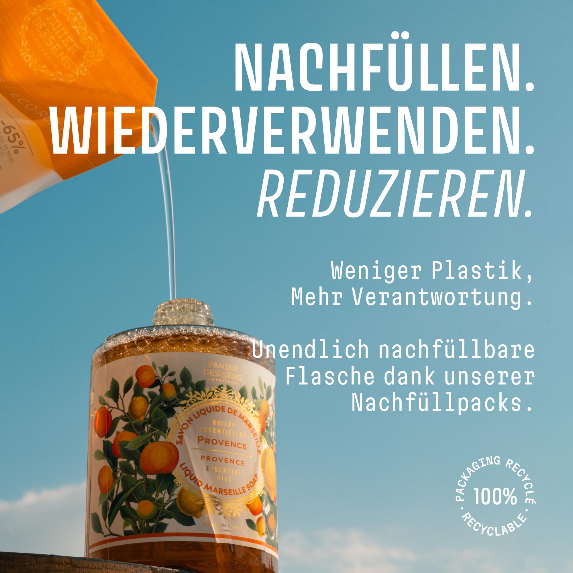 Panier des Sens itrusduft Provence Handseife Nachfüllbeutel 2x 500ml - Savon de Marseille Seife - Feuchtigkeitsspendende Flüssigseife Nachfüllpack mit Kokosnussöl- mit 97 % natürliche Inhaltsstoffe