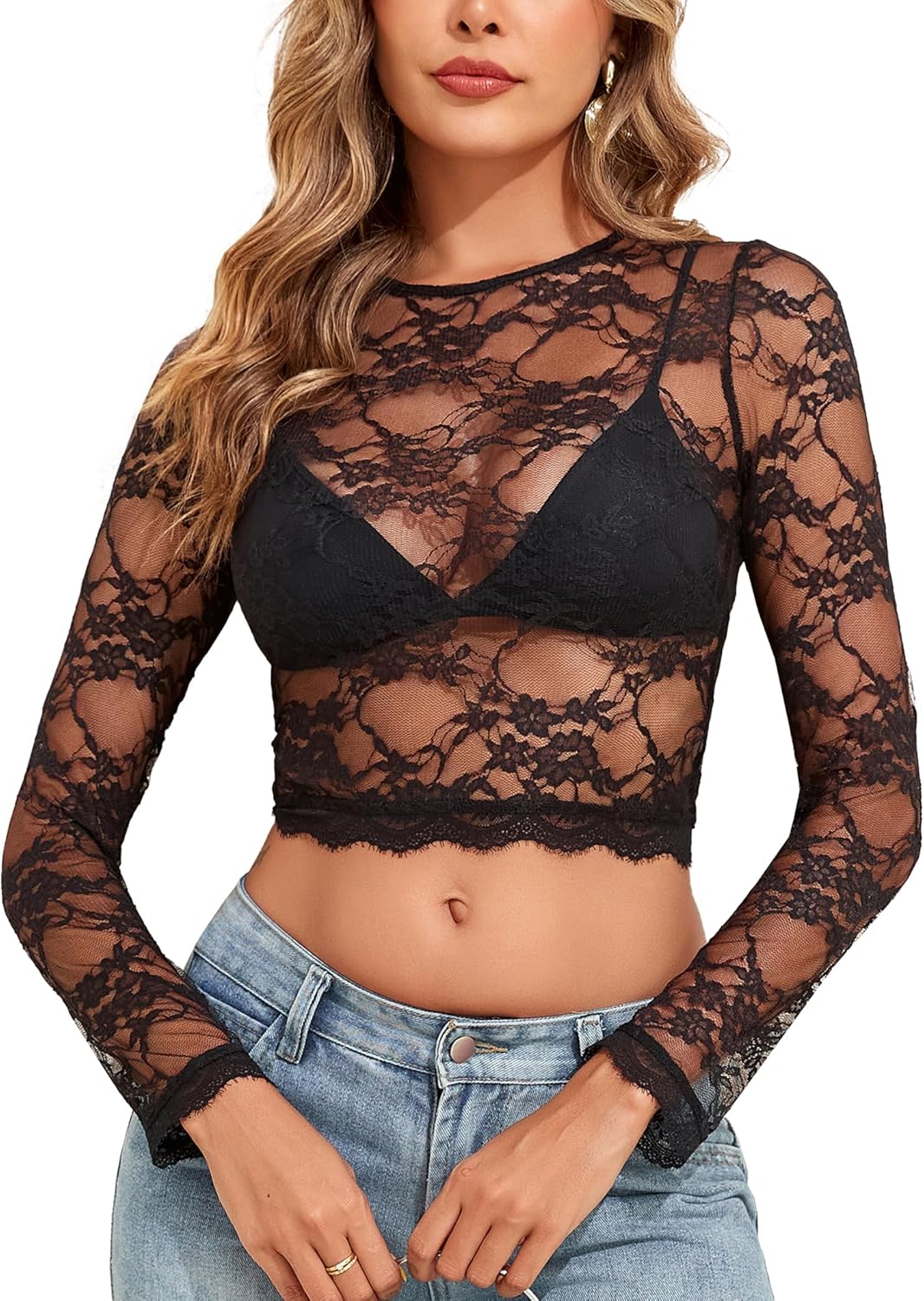 YYA Womens Mesh Tops Lace Long Sleeve Shirts Crewneck Slim Fitted Outfits See Through Blouses S-XXL - Image 6