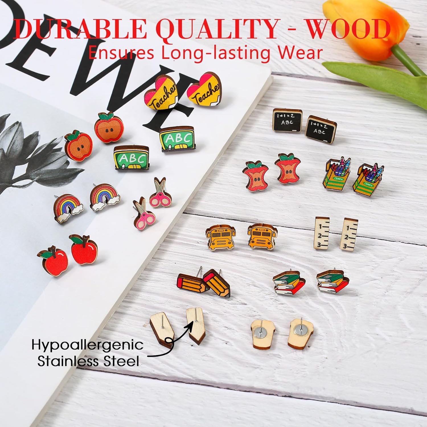 15 Pairs Back to School Earrings for Teachers - Wooden Cute Pencil Crayon Ruler Apple Book Earrings, Bulk Teacher Jewelry for Women, Teacher Appreciation Gift - Image 3