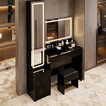 LED Vanity Set with Full Mirror, Storage Cabinet & Stool Black