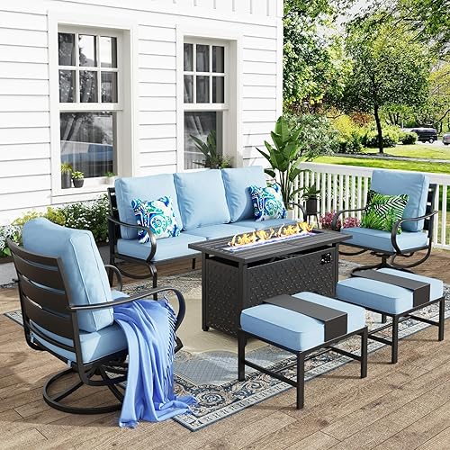 Miniatura 18 de MFSTUDIO Juegos de muebles de patio con mesa de fogata de gas de 45 pulgadas, 8 piezas de conversación de metal para exteriores con 1 sofá de 3