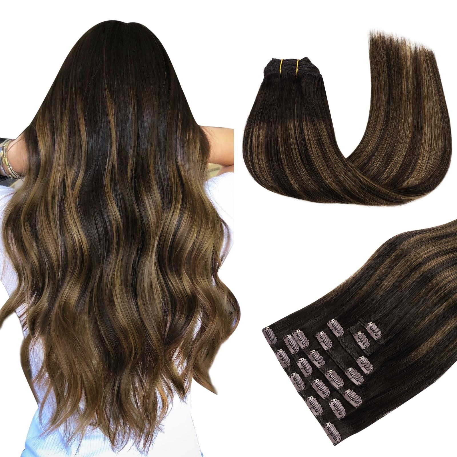 MAXITA Human Hair Extensions Clip in, 7pcs 120g 50 cm, Balayage Dark Brown Mixed Chestnut Brown Hair Extensions Real Human Hair Natural Straight Long Hair for Woman