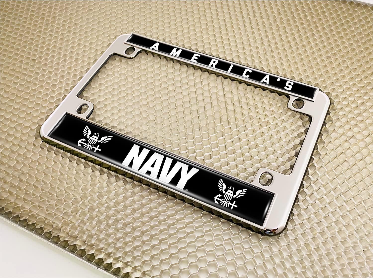 [US Navy Officially Licensed Product] - Motorcycle Domed Custom-Made Personalized Metal License Plate Frame with America's Navy Design - Chrome