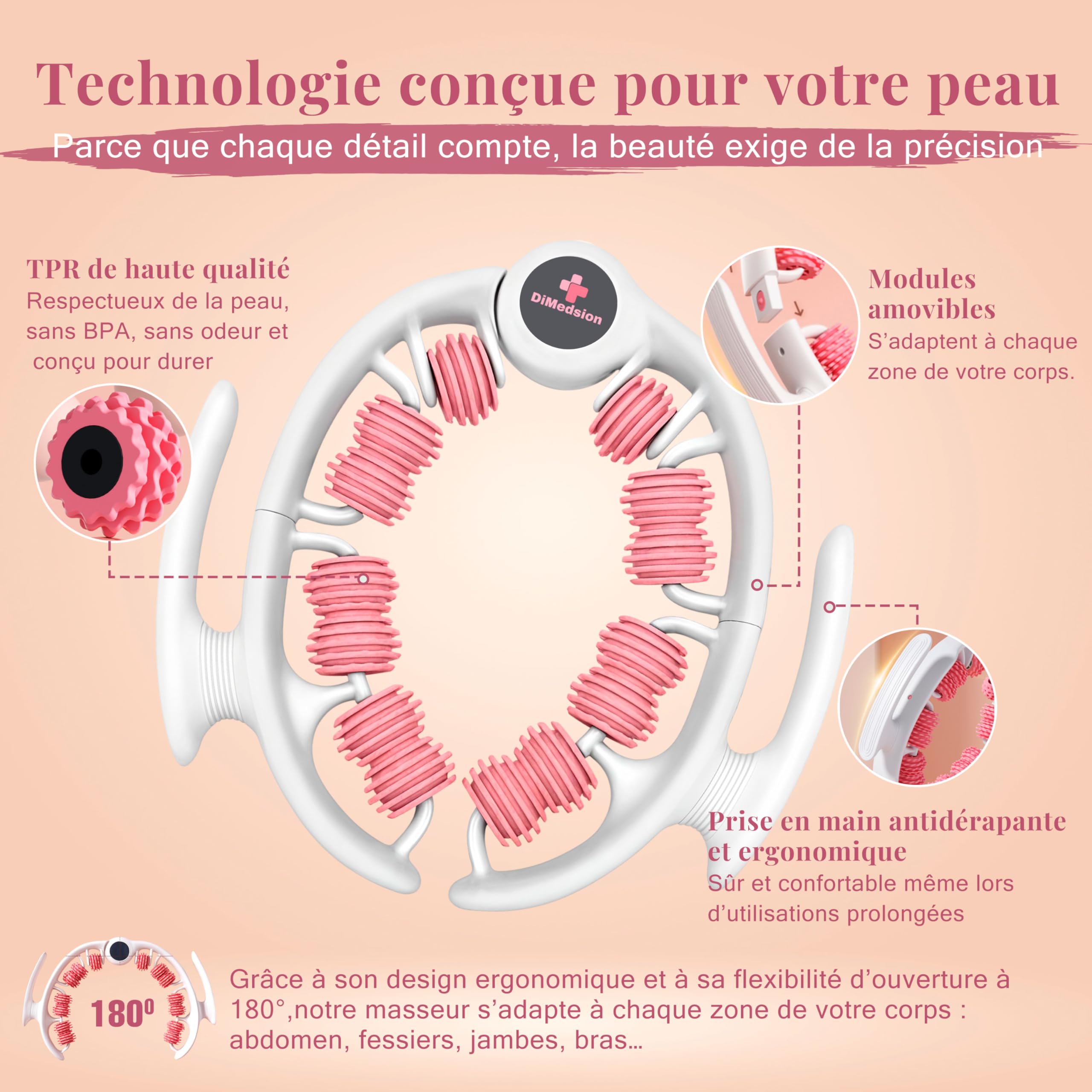 Masseur anti cellulite avec 14 roulettes pour drainage lymphatique des jambes, cuisses et fesses, rouleau de massage anticellulite pour stimuler la circulation et réduire l’aspect cellulite