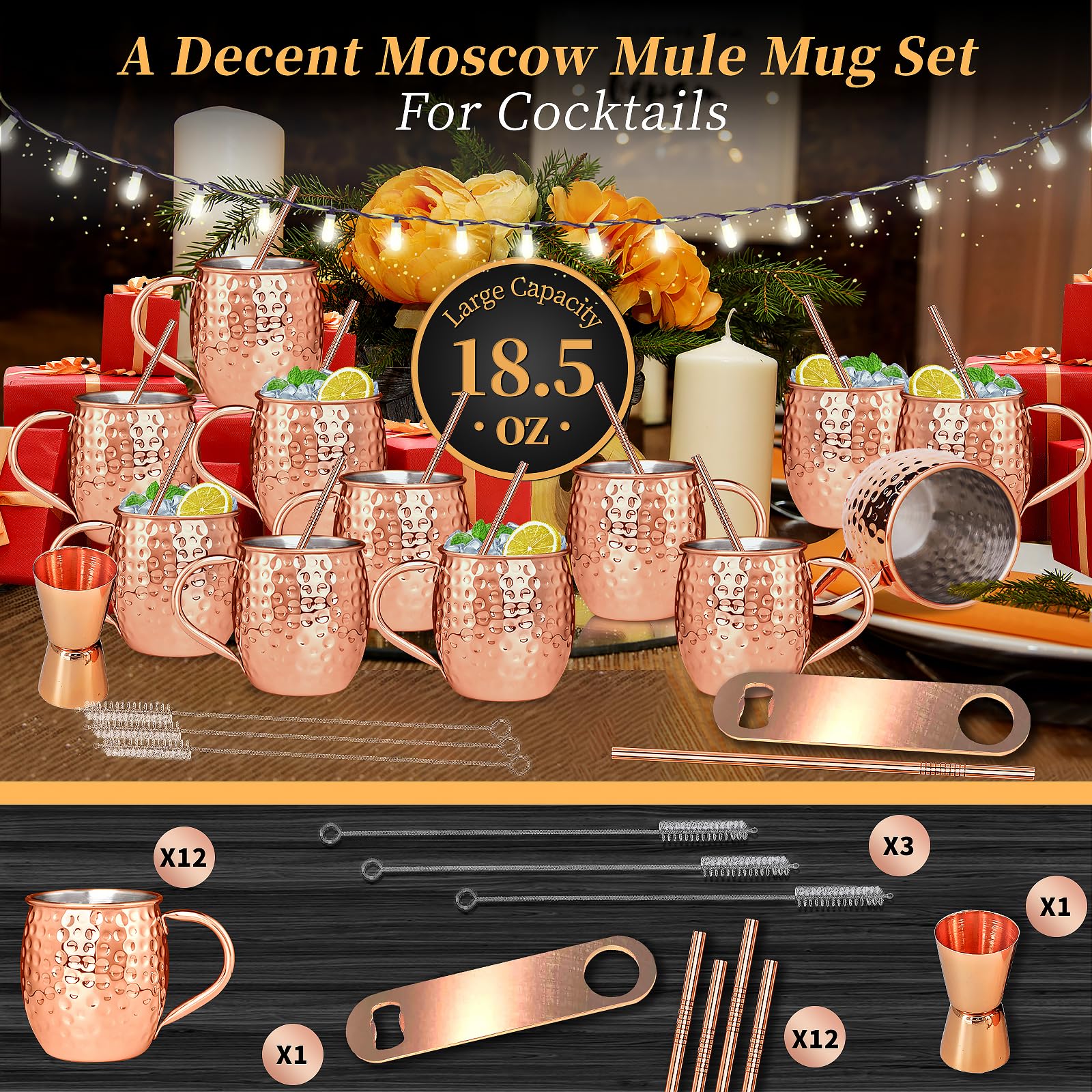 Moscow Mule - Juego de 12 tazas de cobre de 19 onzas con asa, tazas grandes de cobre martillado con doble jigger de 0.5 onzas, pajitas de acero inoxidable, cucharas para bebidas frías, cócteles, vino 5