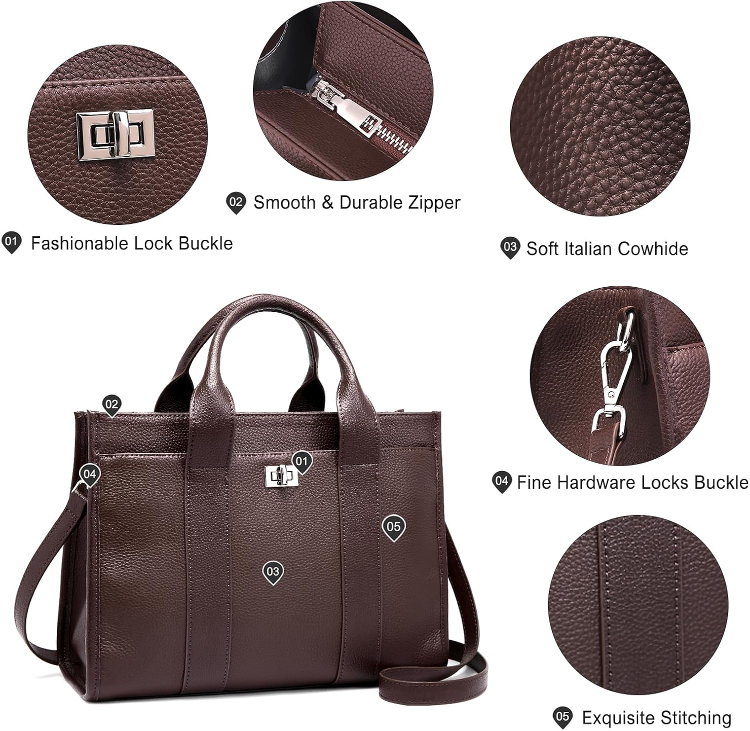 Genuine Leather Tote Bag for Women: Leather Work Bag with Compartments Handbags - Ladies Satchel Crossbody Shoulder Purse for Office (05 Medium-Coffee Brown)