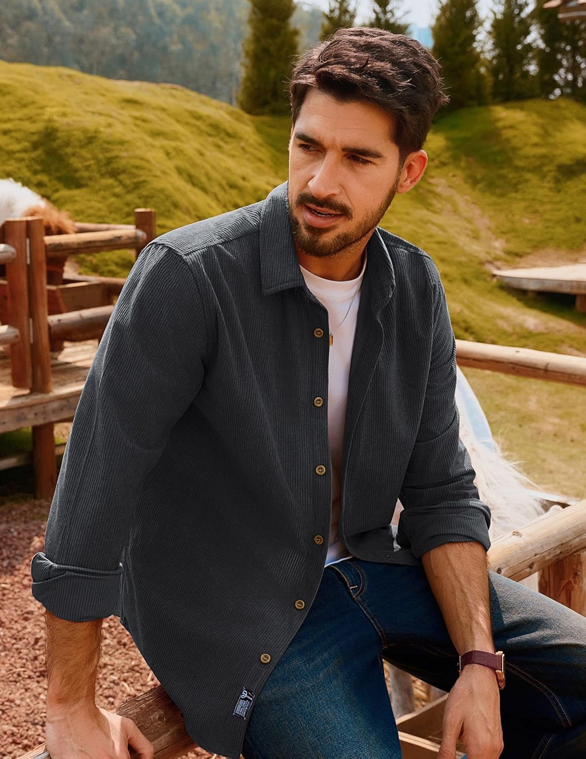 PJ PAUL JONES Mens Corduroy Button Down Shirt Jacket Casual Long Sleeve Shacket Lightweight Textured Untucked Shirts - Image 2