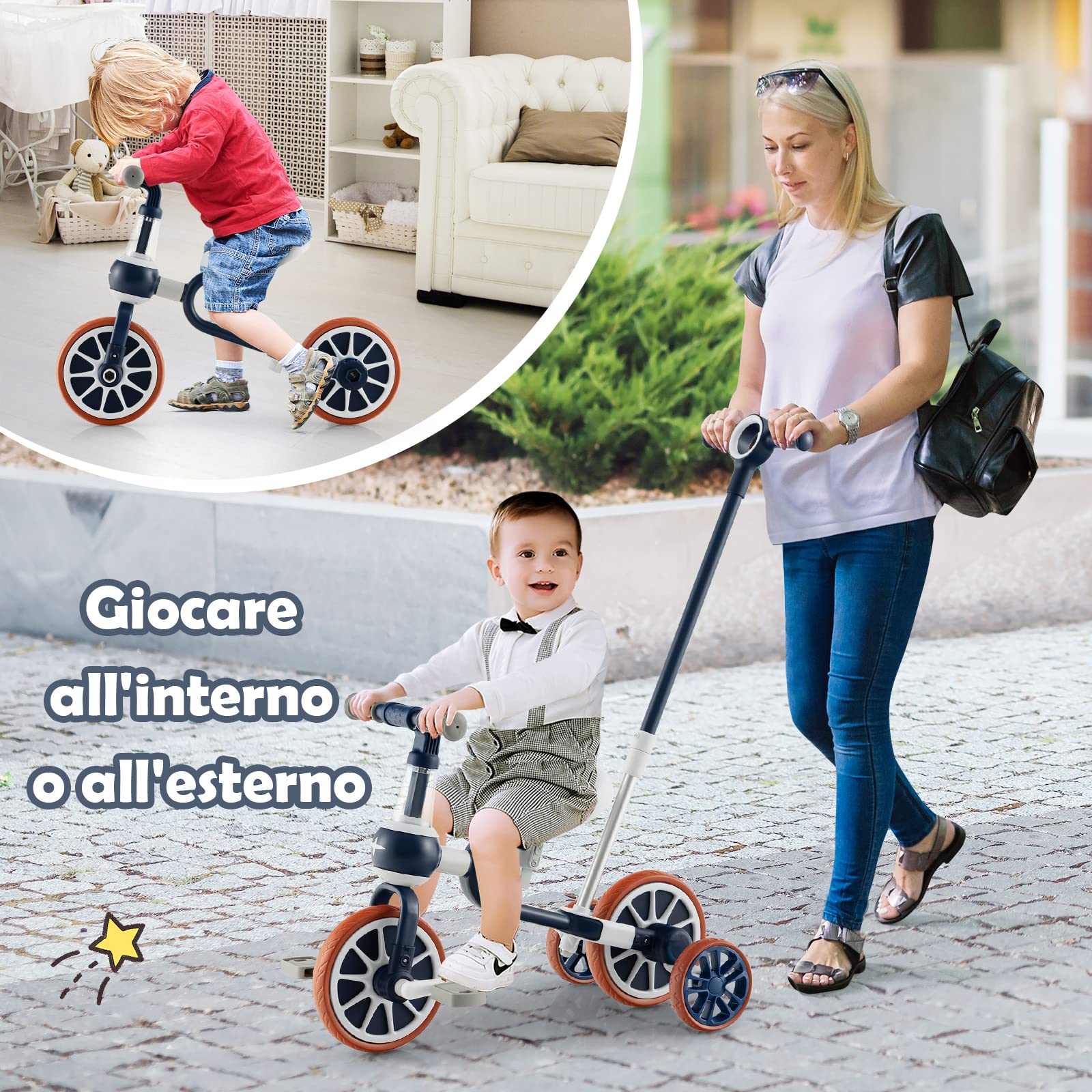 COSTWAY 4 in 1 Triciclo per Bambini con Maniglia di Spinta, Triciclo per Bambini Bicicletta Equilibrio con Maniglia, Sedile Regolabili e Pedali Rimovibili, per 2-4 anni (Blu Navy)