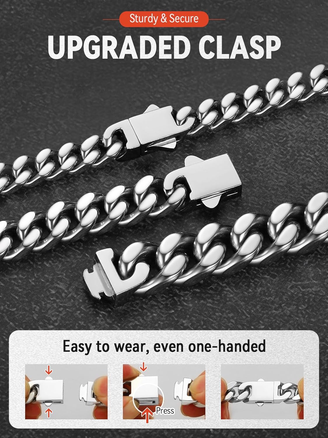 FaithHeart Cuban Link Bracelet for Men, Silver/Black/14K Gold Plated Stainless Steel Wrist Link Hip Hop Chain Bracelets, 5mm/7mm/9mm/12mm Width, 7.5"/8.3"/9" Length, with Gift Box - Image 5