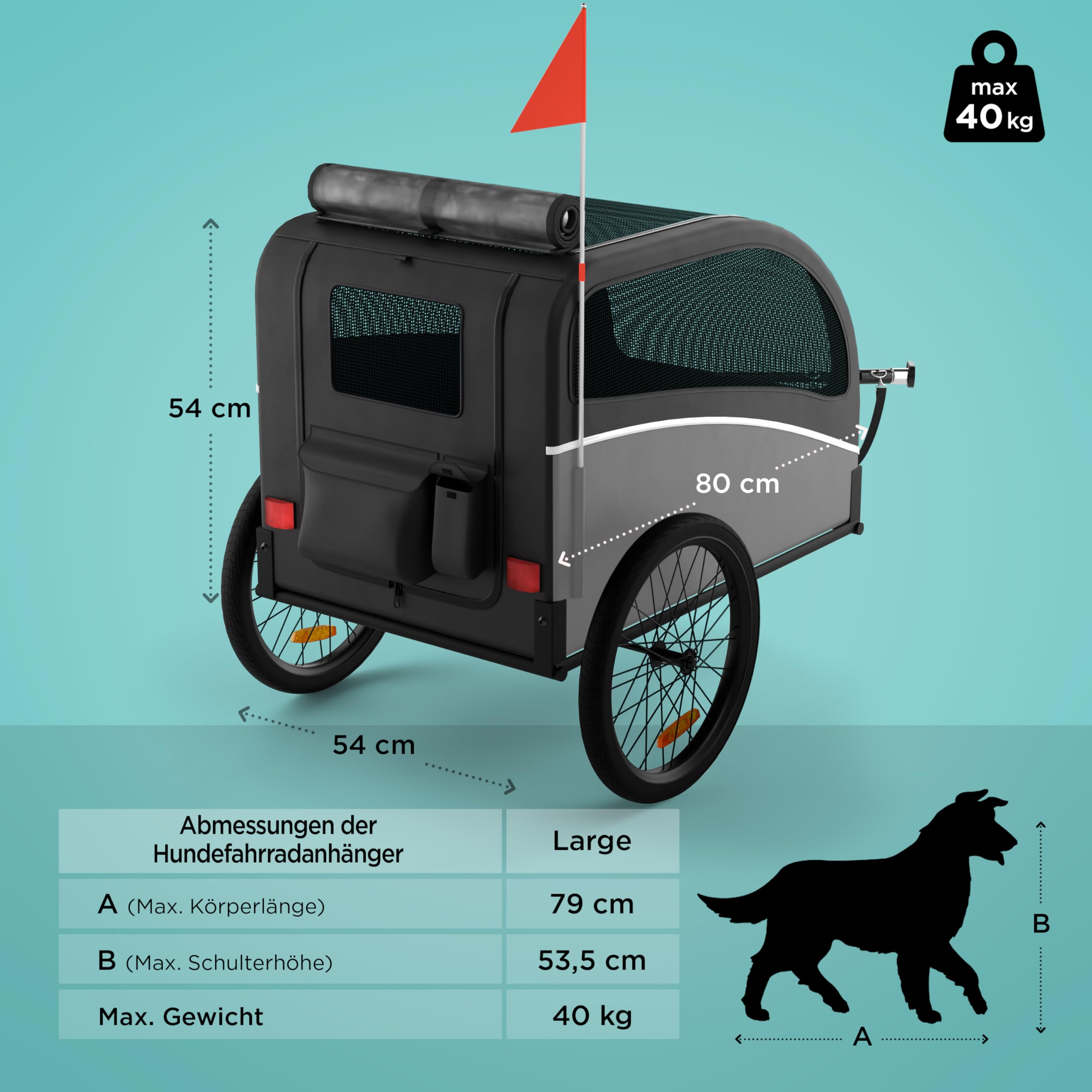 Hundeanhänger für Fahrrad – Faltbarer Hundefahrradanhänger mit Kupplung & Reflektoren – Fahrradanhänger Hunde bis 40kg – Wasserdicht – Kompatibel mit E-Bikes – Schwarz