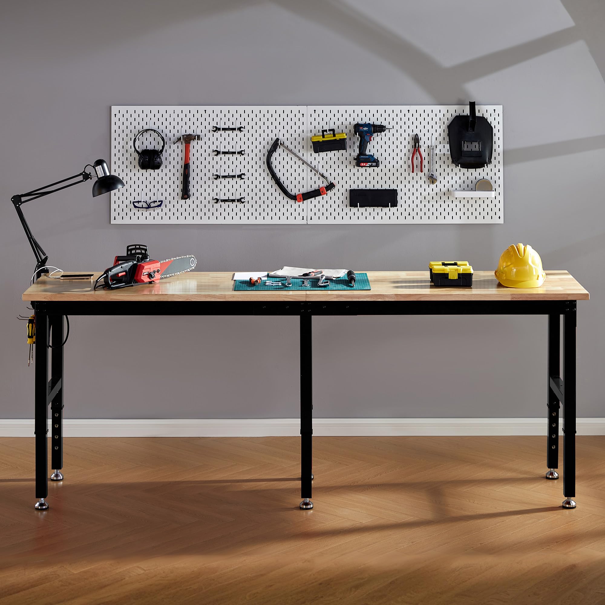 LUXOAK 183x61 cm höhenverstellbarer Werkbank mit Steckdosen, 2722 kg belastbare Holzwerkbank mit Haken, massiver Gummiholz-Arbeitsplatte für Garage, Werkstatt, Holzbearbeitung und Home-Office