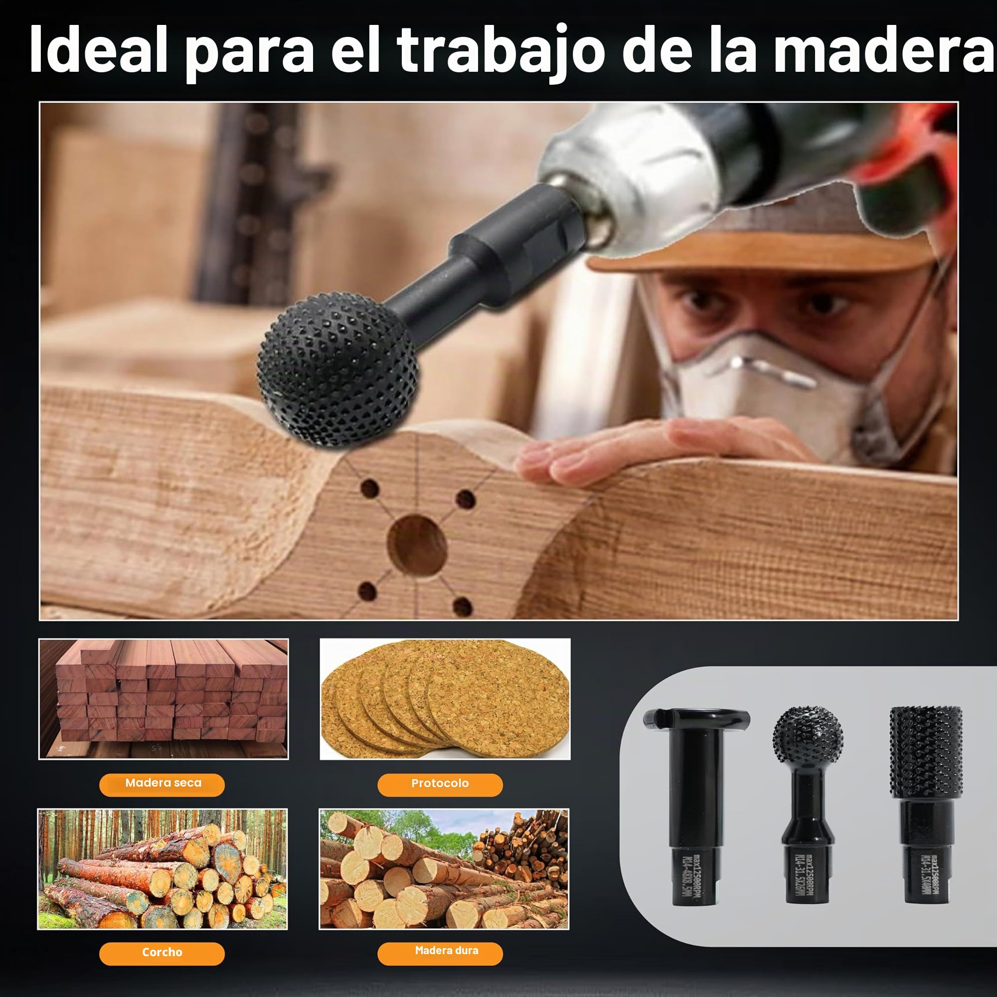 Set de fresas para tallado en madera, rosca M14, 3 piezas para amoladora angular de 115mm/125mm, Negro