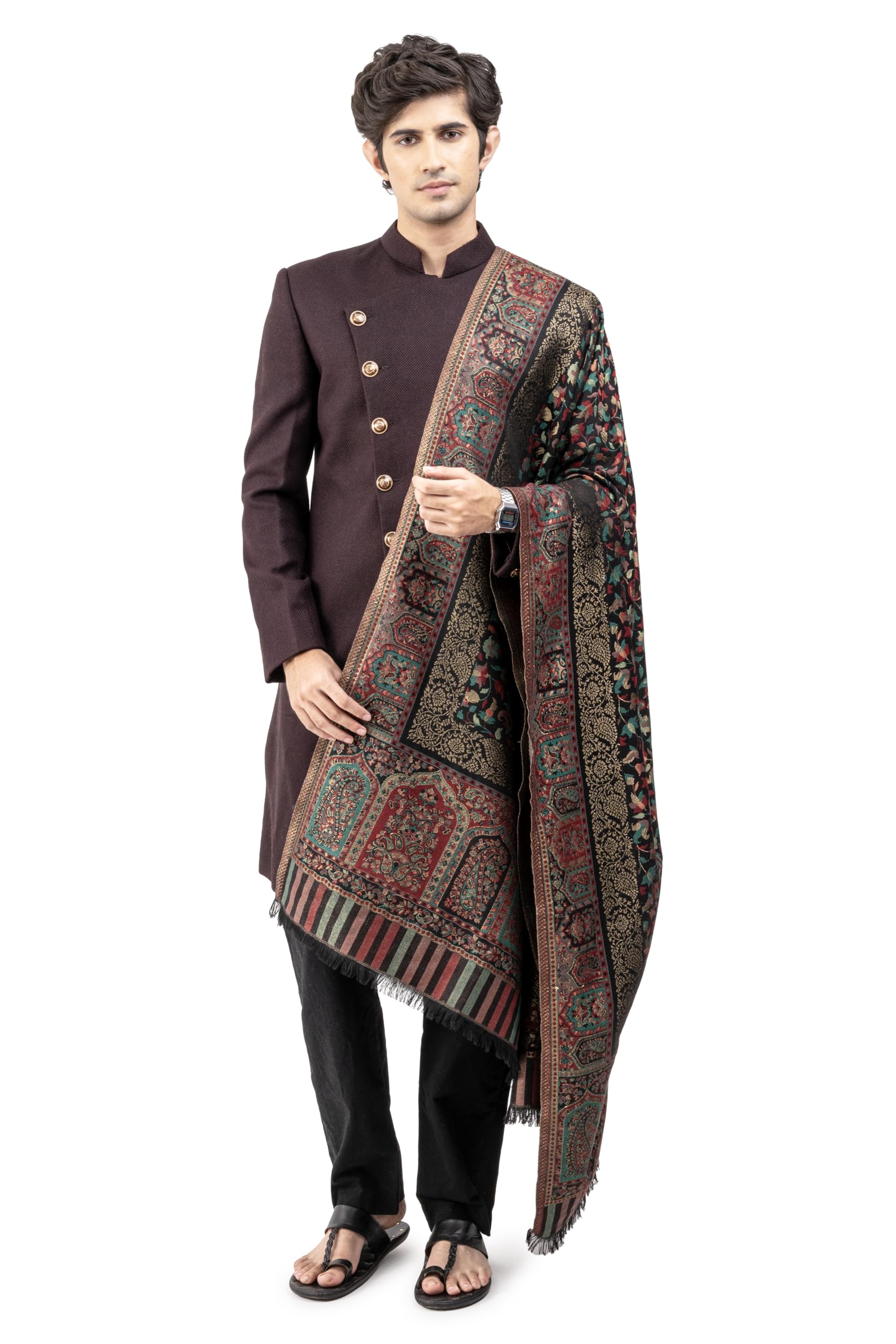 Men Faux Pashmina Kani Shawl with Mughal Artwork and Zari Accents, Warm and Soft, 40x80 inch