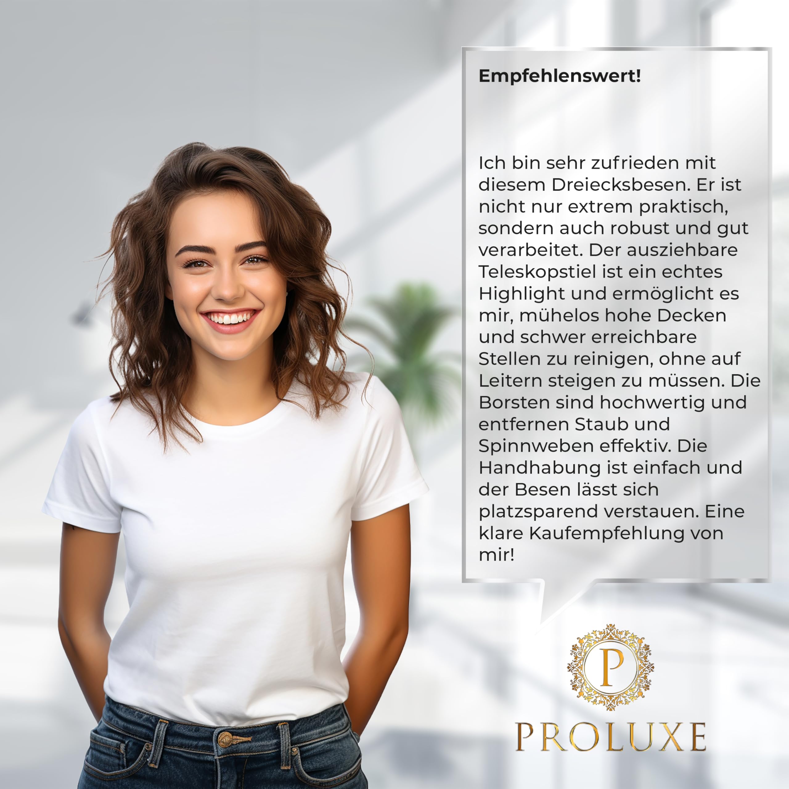 PROLUXE® Dreiecksbesen mit Teleskopstiel - Ausziehbar bis 4,10 m - Robuster PET Besen - Ideal für Ecken, Wände & Decken - Deutsche Marke - Premium Qualität - Spinnenfeger & Staubfeger