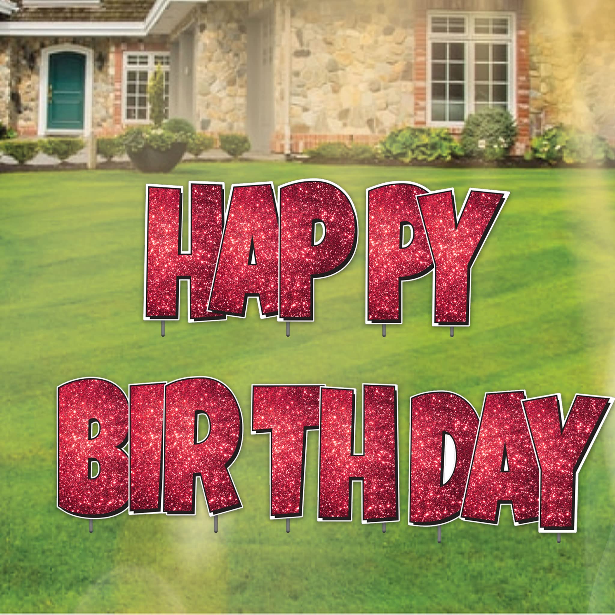 VictoryStore Happy Birthday Yard Sign Quick Set, 24 Inch Luckiest Guy, 5 Piece Jumbo Yard Decorations, Includes Stakes (Red Sparkle 19868)