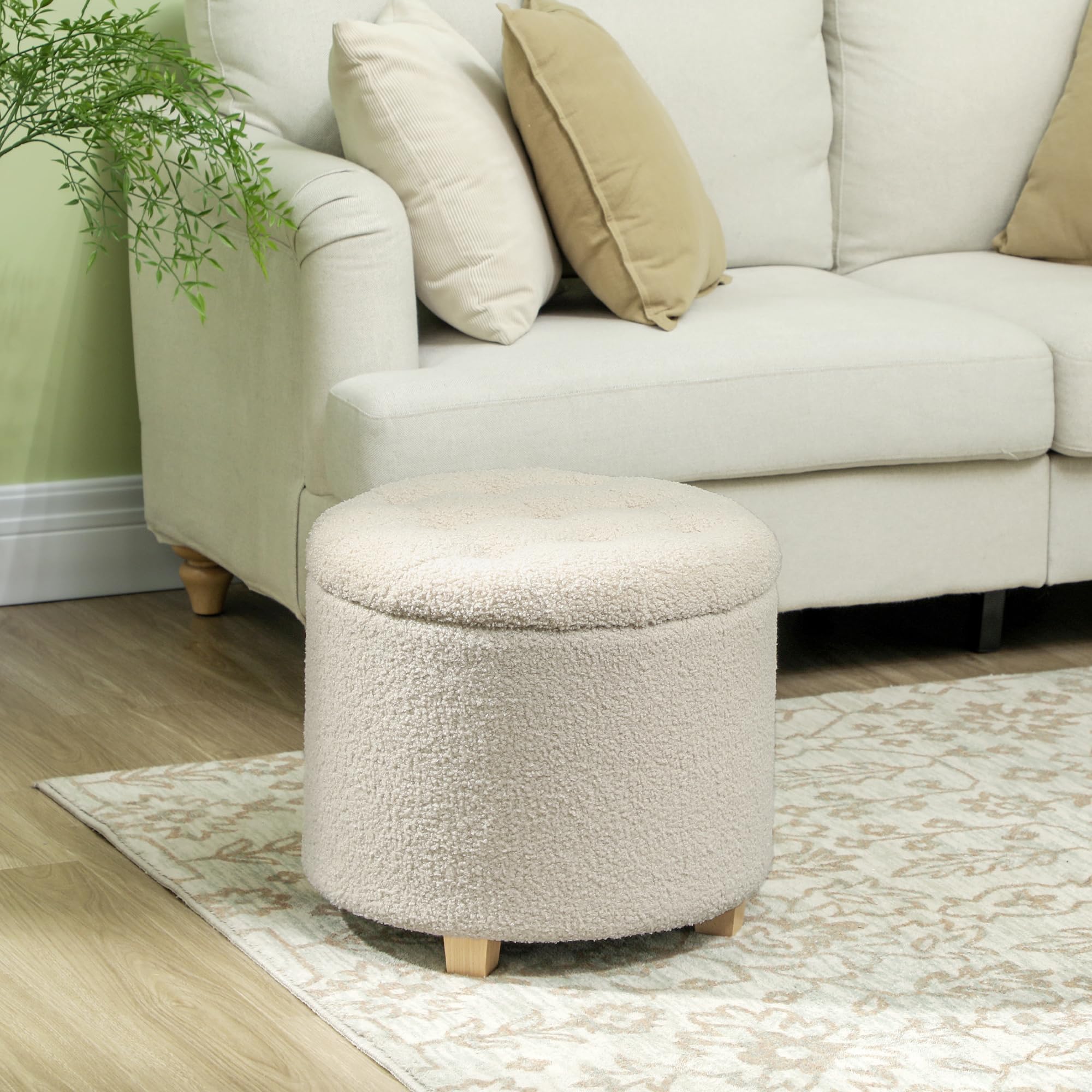 HOMCOM Pouf Rangement Rond 45cm Couvercle Amovible Bois Blanc crème