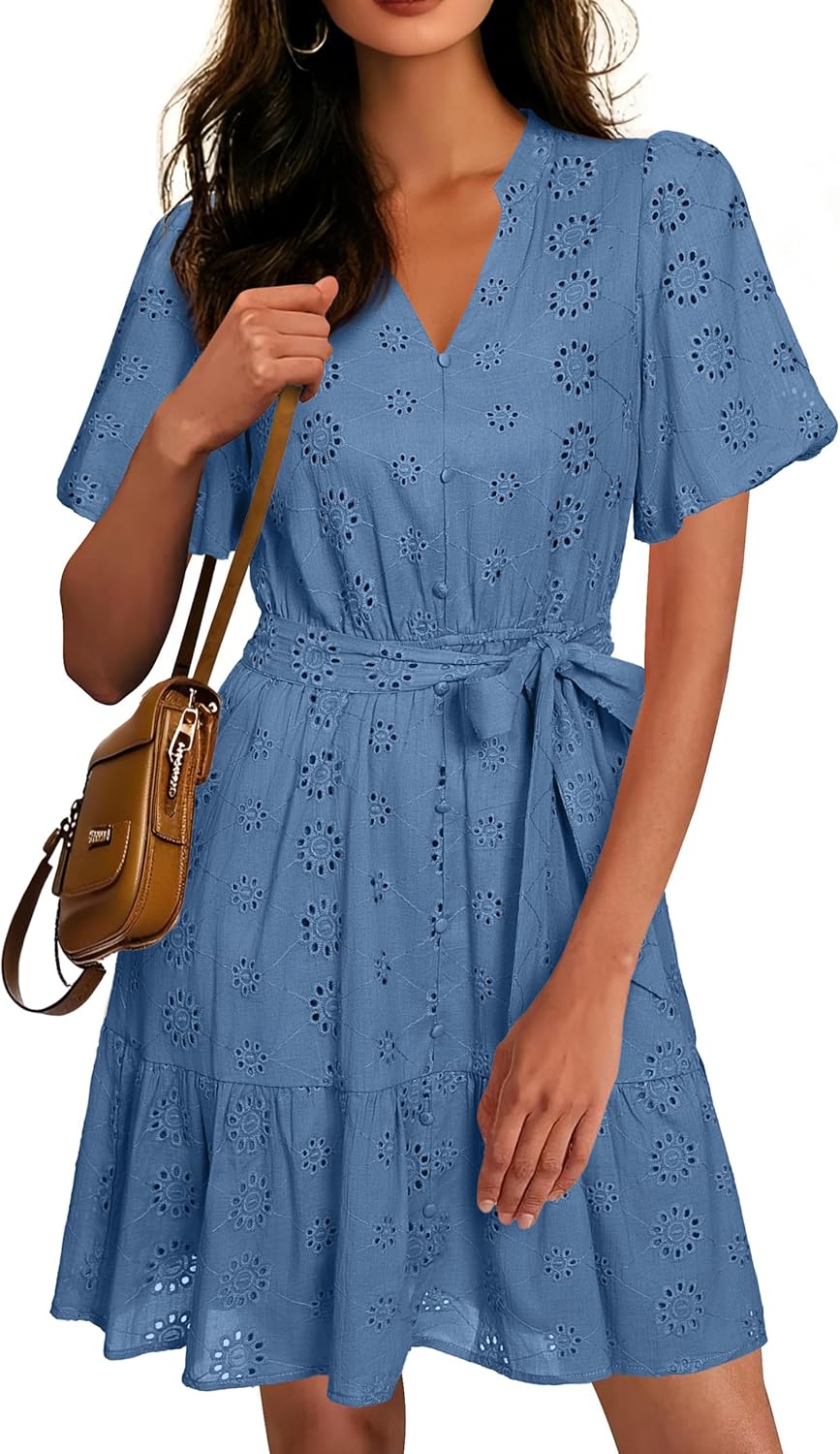 Simplee Womens 2026 Summer Mini Dress Eyelet V Neck Short Sleeve Hollow Out Belted Beach Vacation Sun Dresses with Pockets