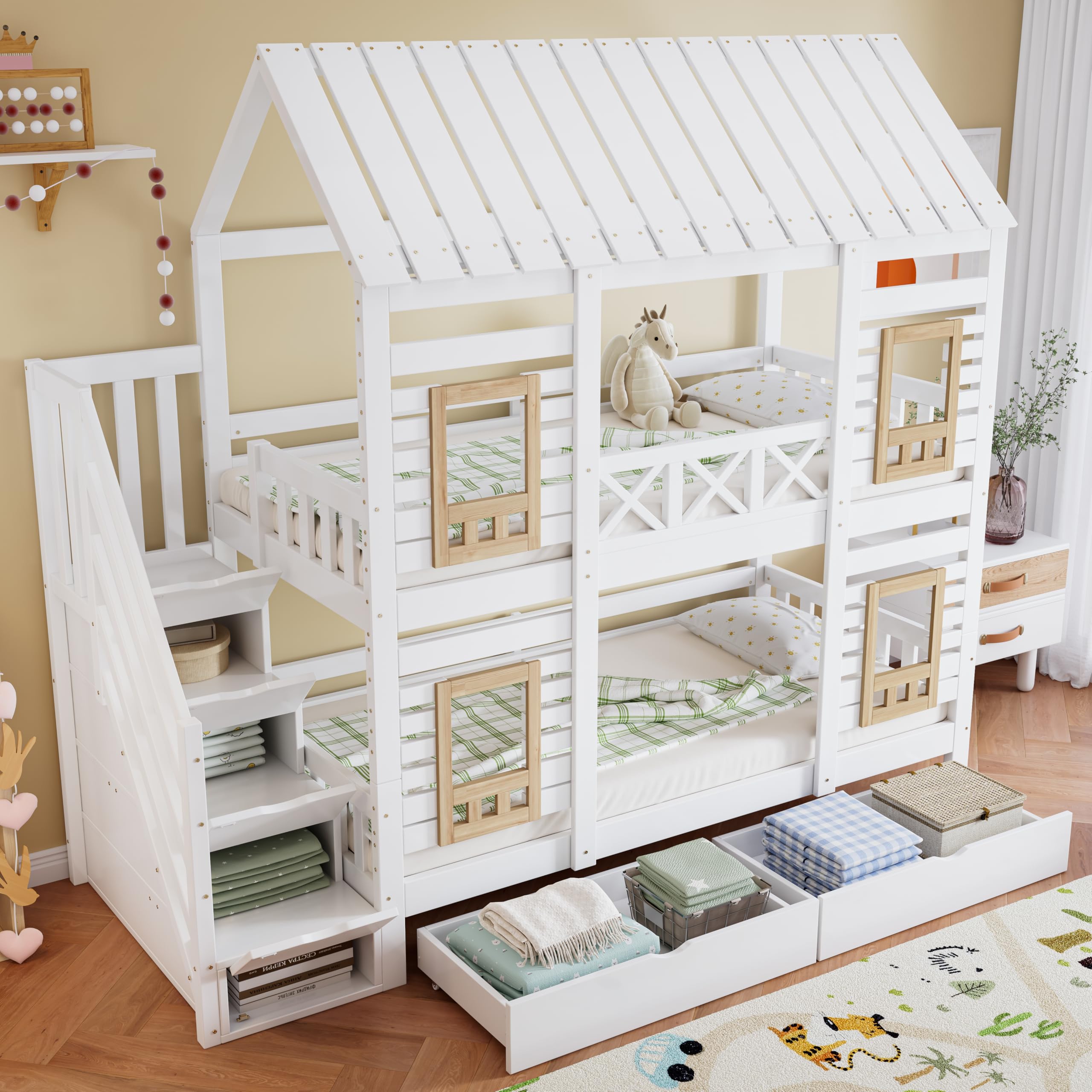 Kinderbett Etagenbett 90 x 200, Hausbett für 2 Kinder, Hochbett mit Lattenrost, Treppe mit 4 Ablagefächern, Rausfallschutz, Zwei Schubladen mit Rollen, Baumhaus Bett mit Fenster und Dach
