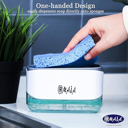 Miniatura 2 de OMAIA Dispensador de jabón para platos 2 en 1 con soporte para esponja, dispositivo de cocina inteligente, organizador de encimera de fregadero