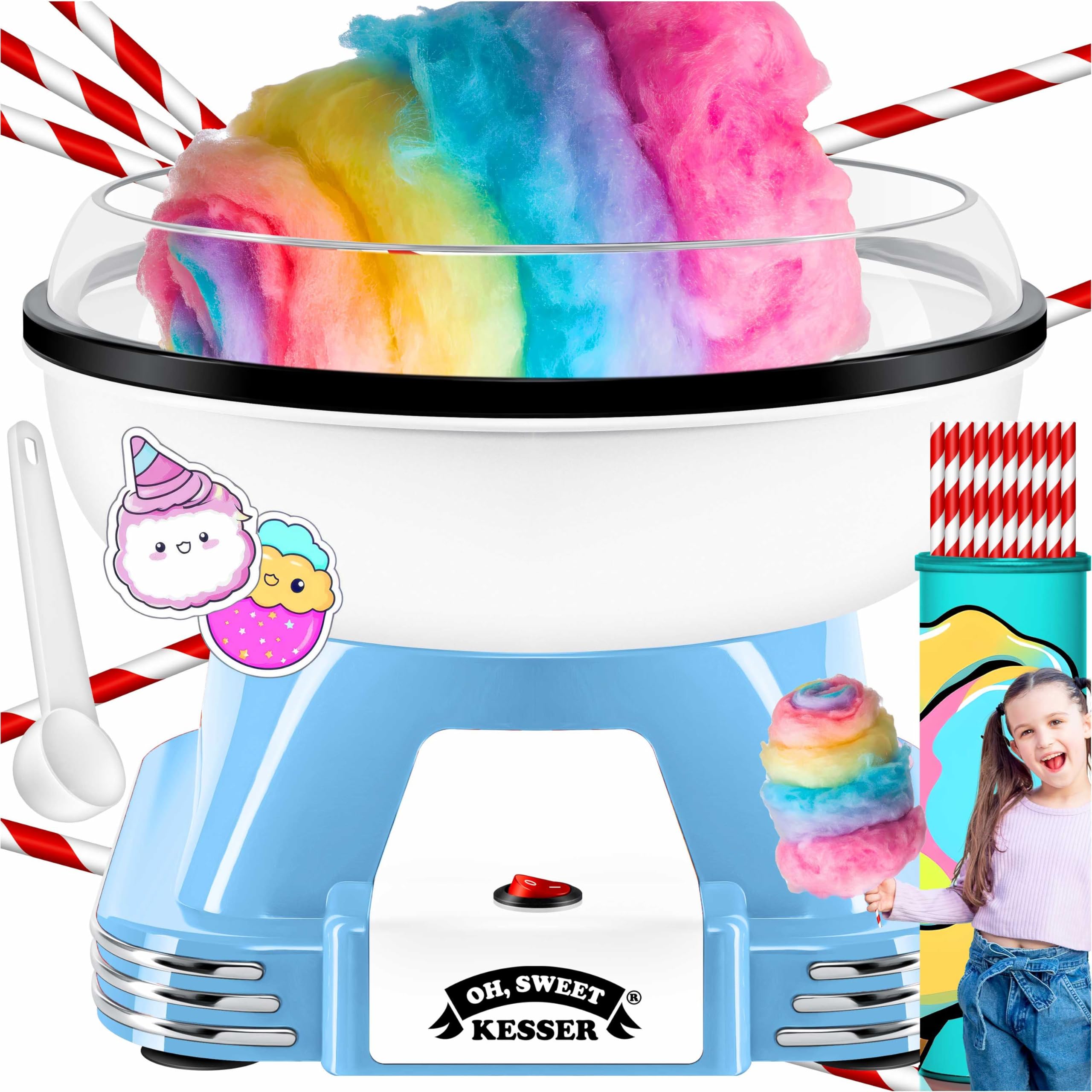 Kit machine à barbe à papa KESSER® pour la maison - Avec 30 bâtonnets à barbe à papa et cuillère doseuse - Machine à barbe à papa rétro - Machine à barbe à papa avec accessoires - Hauteur 22cm - 500W