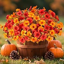 8 Bundles Fake Fall Flowers Artificial Plants for Outdoor Decorations, Faux Fall Petunias Flowers for Outside UV Resistant Realistic Planters for Garden Porch Patio Indoor Autumn Decor(Orange Yellow)