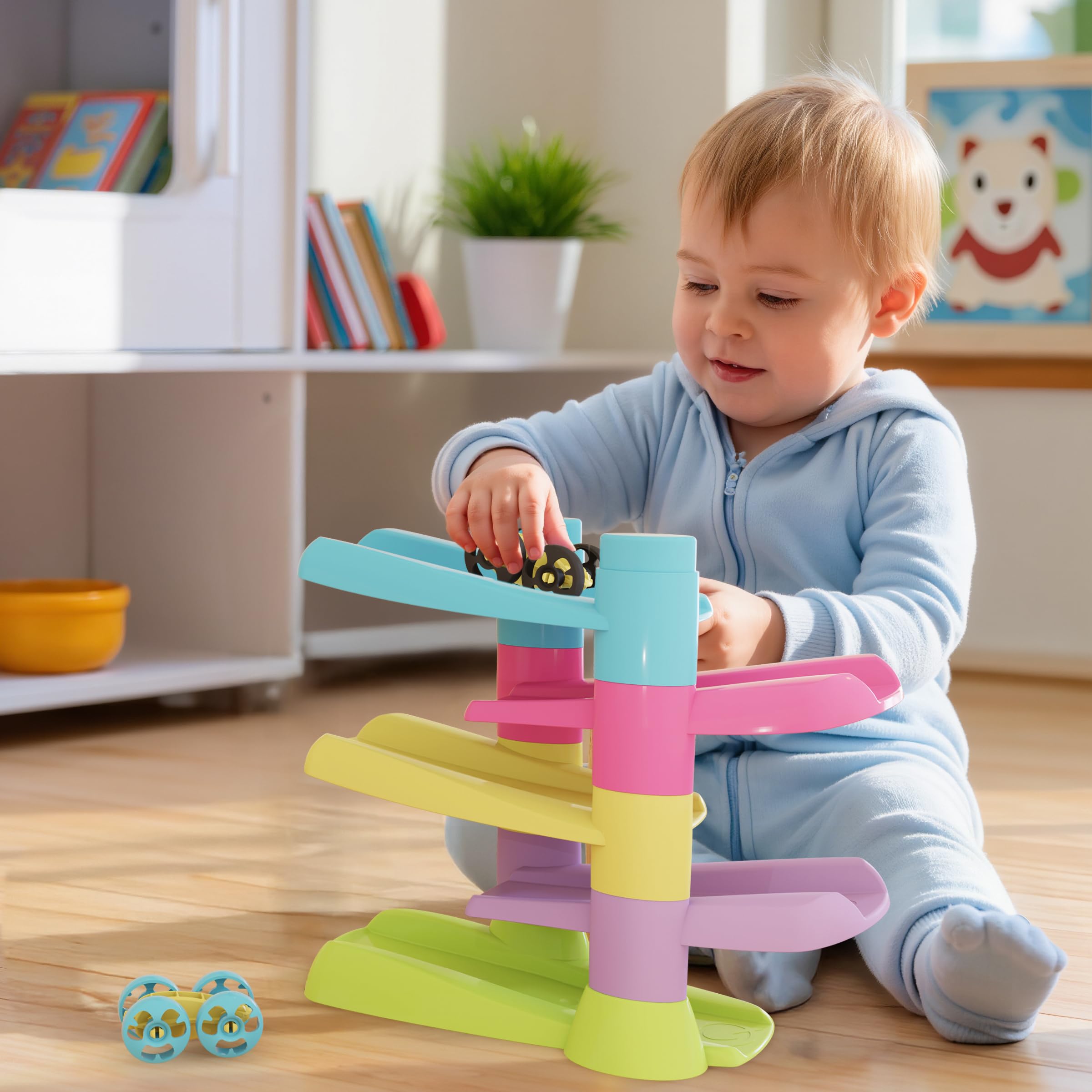 QUERCETTI 86496 Flip Car Race Track Eco, Pista Biglie Per Bambini, Gioco Educativo Eco-Friendly 18mesi+ con 5 Rampette e 2 Flip-Car per Sviluppare Coordinazione e Motricità Fine, Made in Italy