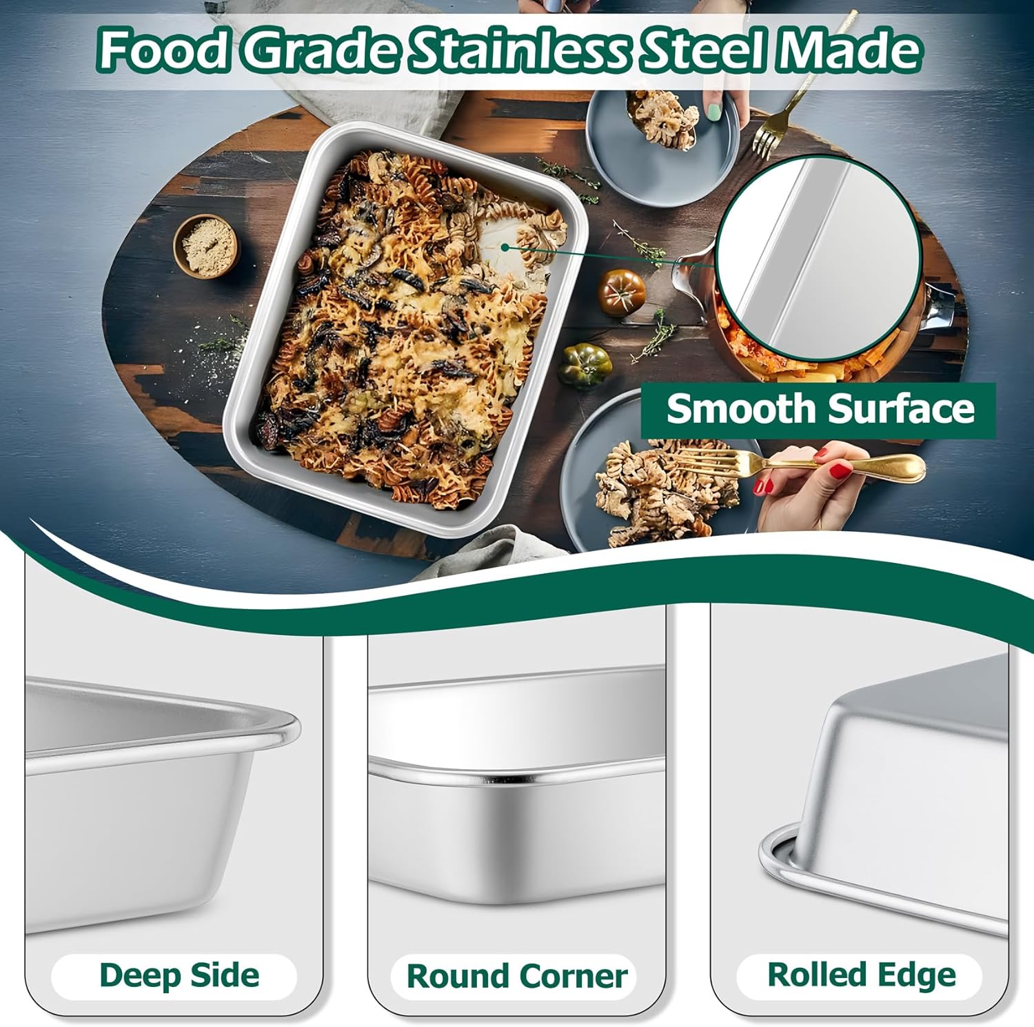 TeamFar Lasagna Pan, 10.6 x 8.3 x 1.7inch Stainless Steel Rectangular Cake Brownie Pan Casserole Baking Dish, Compact for Toaster Oven, Non Toxic & Healthy, Brushed Finish & Easy Clean-Dishwasher Safe - Image 3