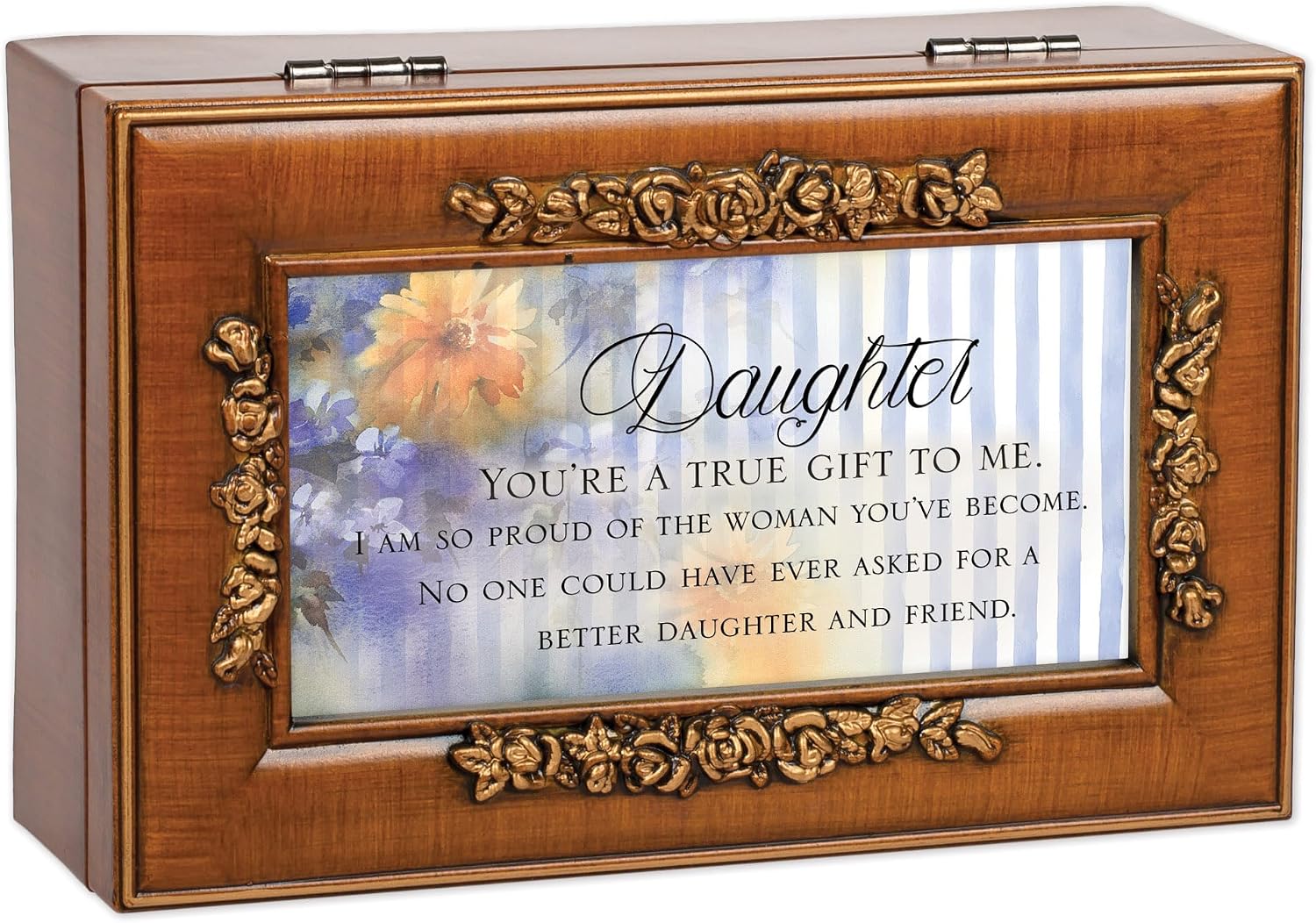 Cottage Garden Daughter You're a True Gift to Me Woodgrain Embossed Rose Petite Music Box Plays You Are My Sunshine