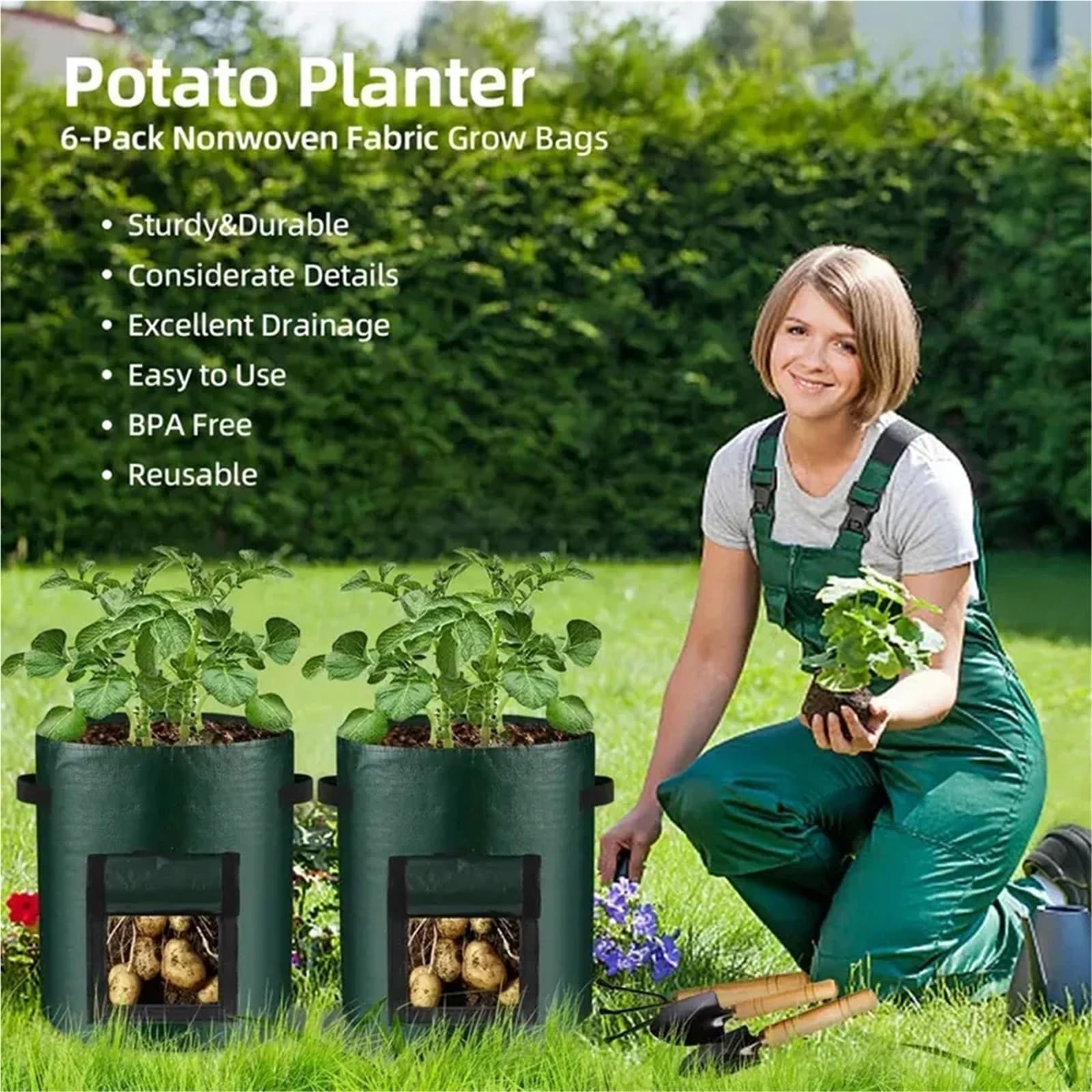 Pflanzsack 5PCs Gartenbedarf Gemüsepflanze wachsen Tasche Pflanzbehälter verdicken Gartentopf Kartoffel Pflanzer(5PCS 10Gallons)