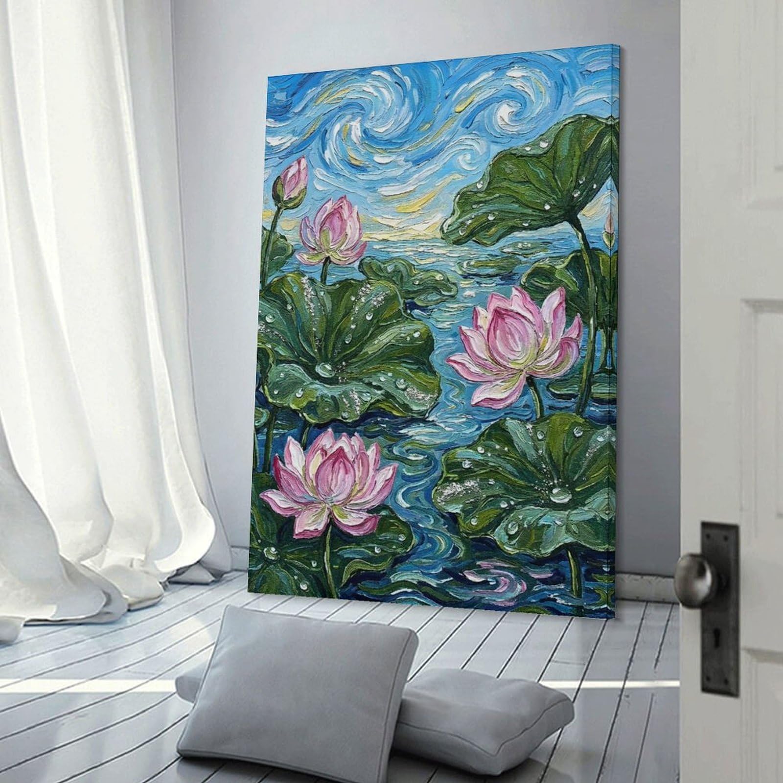 Junmoney Impressionist Lotus Pond Painting Home Decor Wall Art, 20x30inch(50x75cm), for New Homes, Bedrooms Or Workspaces, Gift Idea for Housewarming And Birthdays