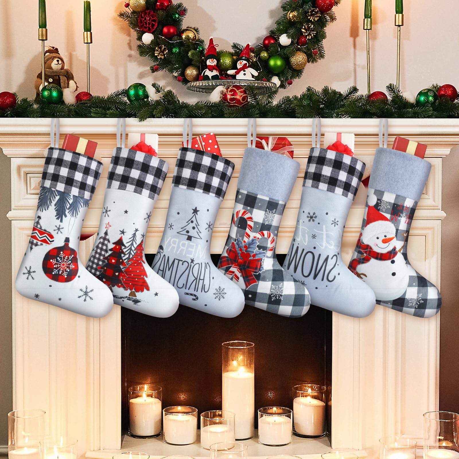 Realspring Weihnachtsstrümpfe, 45,7 cm, Jute, rot, grau, kariert, bestickt, zum Aufhängen, Bauernhaus, Weihnachtsstrumpf, Kamin, hängende große Strümpfe für Urlaub, Kamin, Dekoration, Geschenke, 6