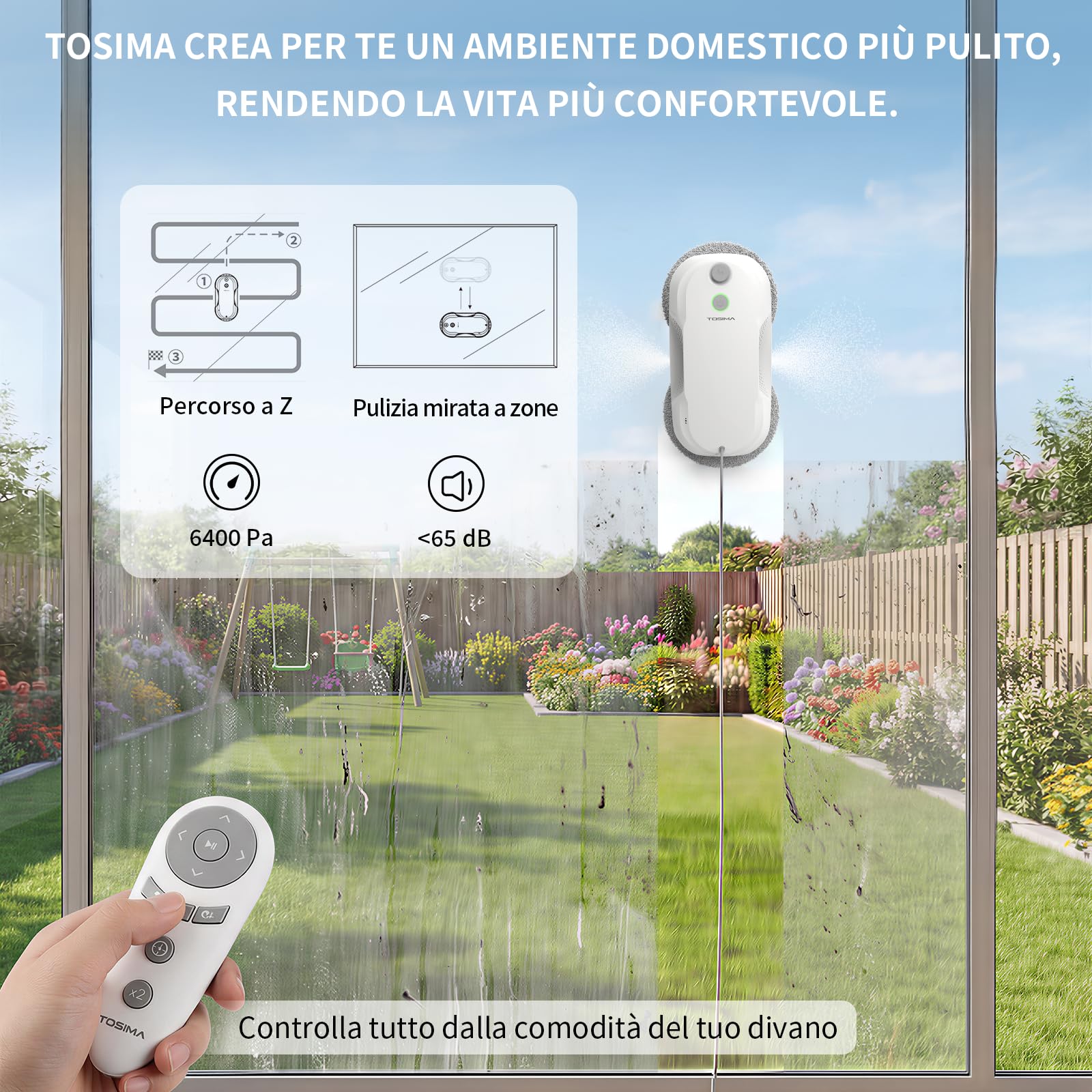 Tosima W5 Pro 6400 Pa Robot Lavavetri, Doppia Spruzzatura ad Ultrasuoni, Pulitore Automatico per Vetri, Telecomando, 20 Panni in Microfibra
