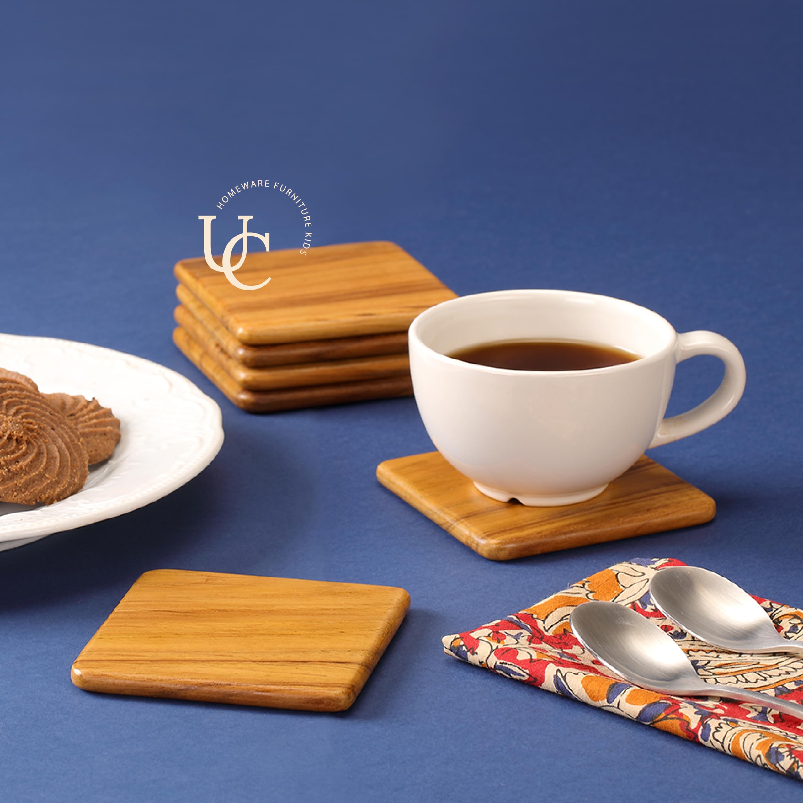 UTOPIA CHOICE Handcrafted Wooden Coasters (Set of 4) | for Kitchen & Dining Table | Premium Teak Wood (4 Inches - Square) | Ronde Collection