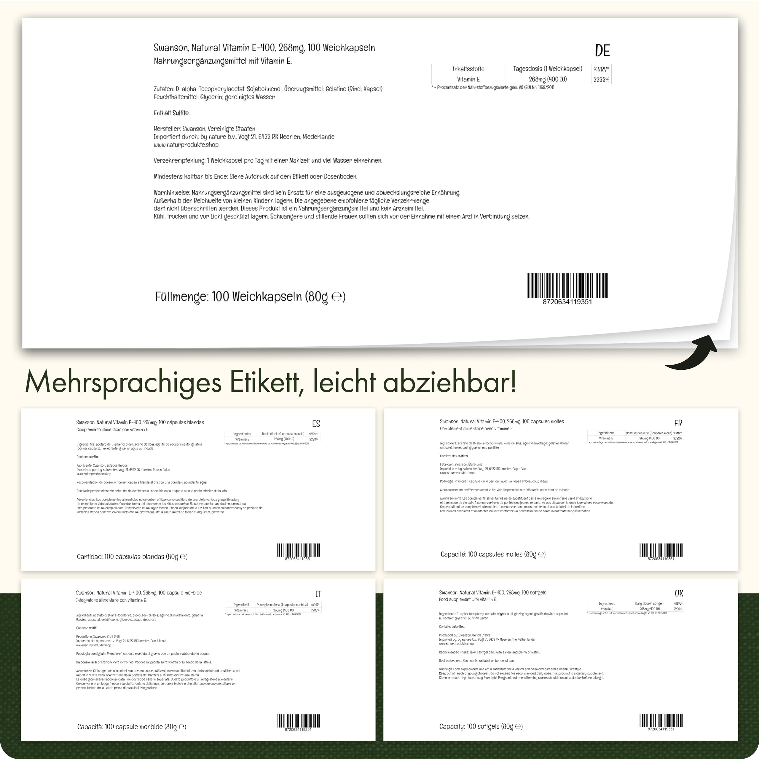 Swanson, Natural E-400, 100 Softgels, 400IU Vitamin E je Dosis, Glutenfrei, GMO frei, Geschmacksneutral