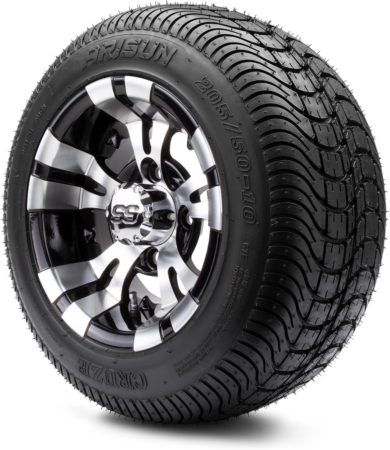 MODZ® Vampire Machined Black 10" Golf Cart Wheels and Arisun Cruze (205/50-10) DOT Low Profile Golf Cart Tires Combo - Set of 4